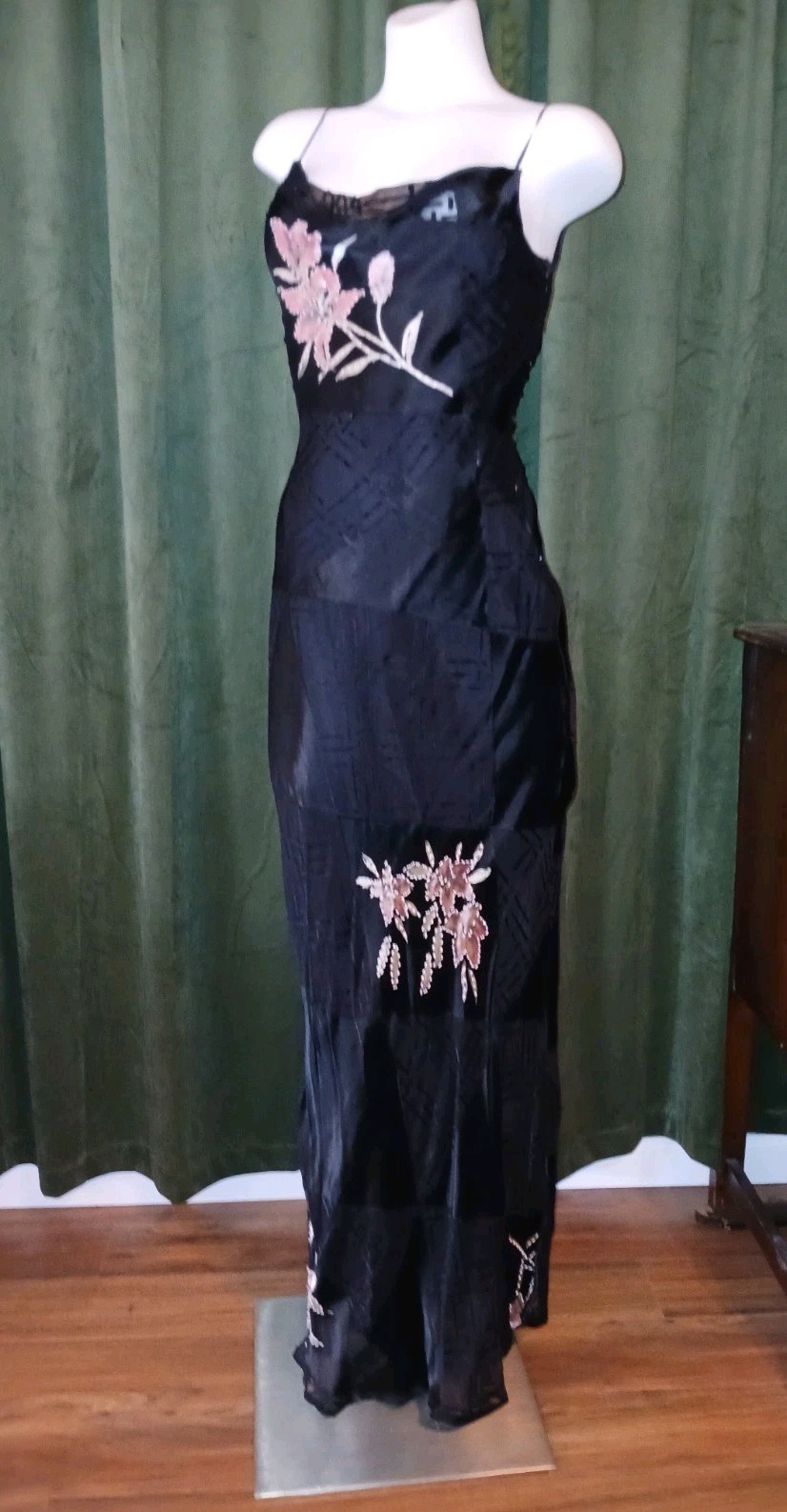 Vintage 90s L’Pogee Black Silk Rayon Floral Beaded Bias Cut Slip Gown Dress 8