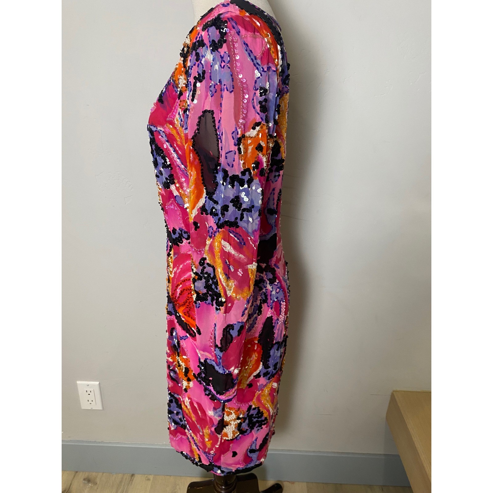 Vintage Miss Jackson Silk Beaded Sequin Dress Pink Abstract Floral Deep Back 8