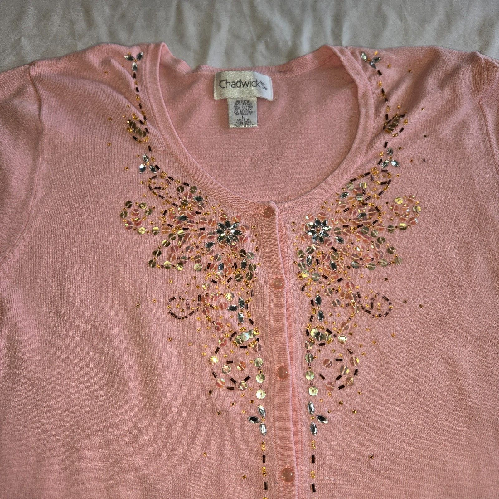 Vtg Chadwick’s Hong Kong Beaded Embellished Pink Cardigan Sweater Sz Large READ