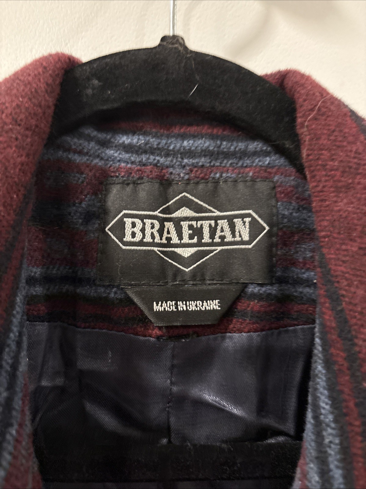 Vtg BRAETAN WOOL BLEND DARK BLUE RED BLACK AZTEC BLAZER JACKET sz L ITALY