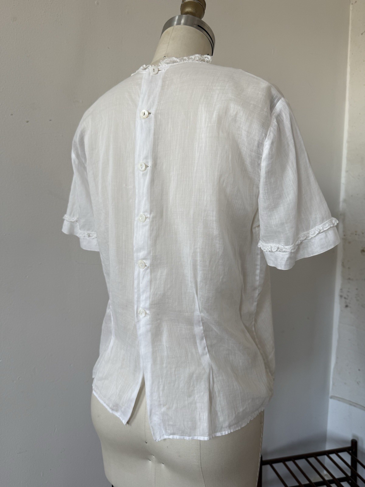 Antique Edwardian 1910s Sheer While Cotton Voile Blouse Embroidered Lace Panels