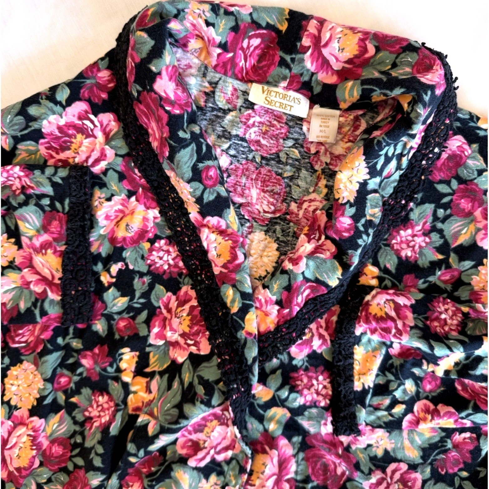 Victorias Secret Robe Large Black Floral Gold Label Cotton Crochet Trim Vintage