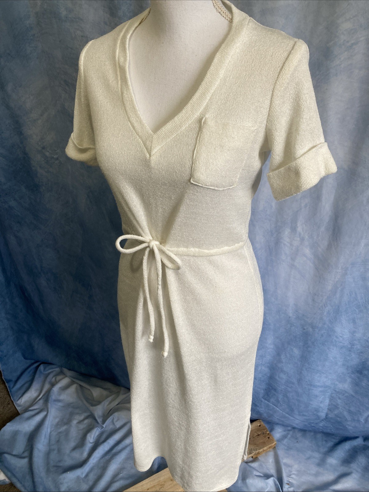 Vintage 90s Raw Silk Linen Midi Dress Cream XS Handmade Minimalist Quiet Luxury