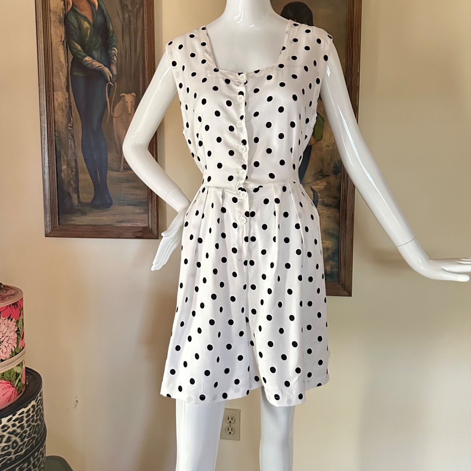 Vintage 1980s B&W Polka-dot Shorts Romper Rockabilly Pin-up Playsuit L Volup