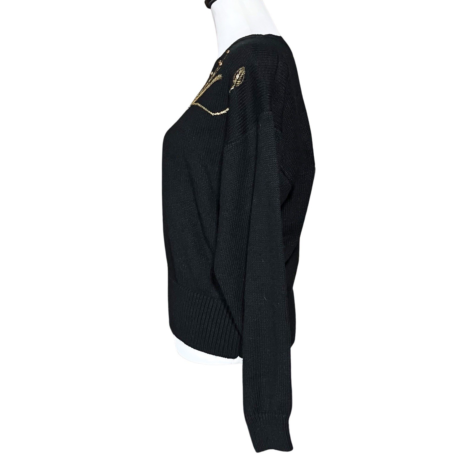 Vintage 90s Black Russ Sweater with Gold Floral Beading. S/M. Retro, Maximalism