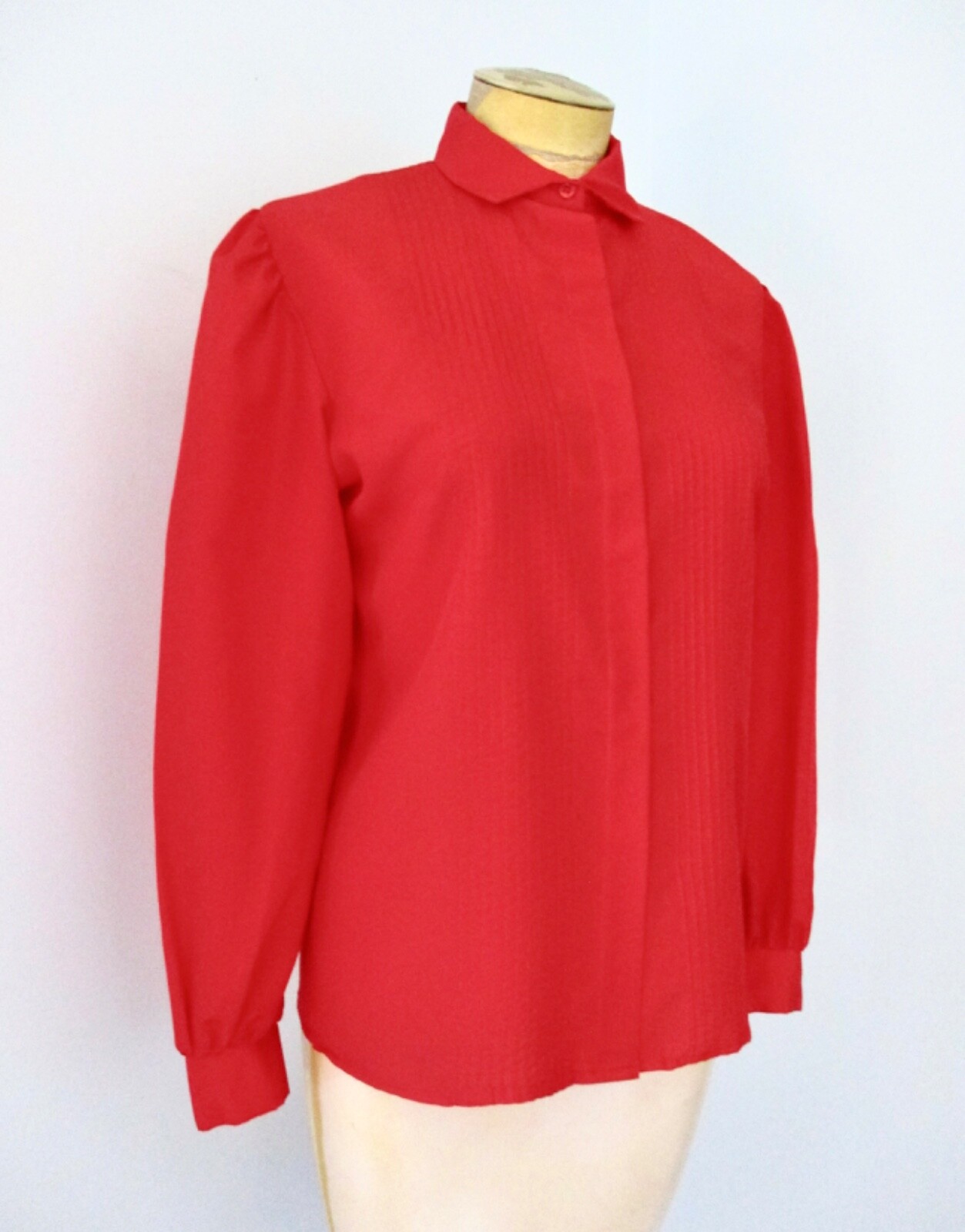 Vtg 70s 80s Red Silky Secretary Blouse Top Pin Tuck Tuxedo Pleats Puff Slvs 10