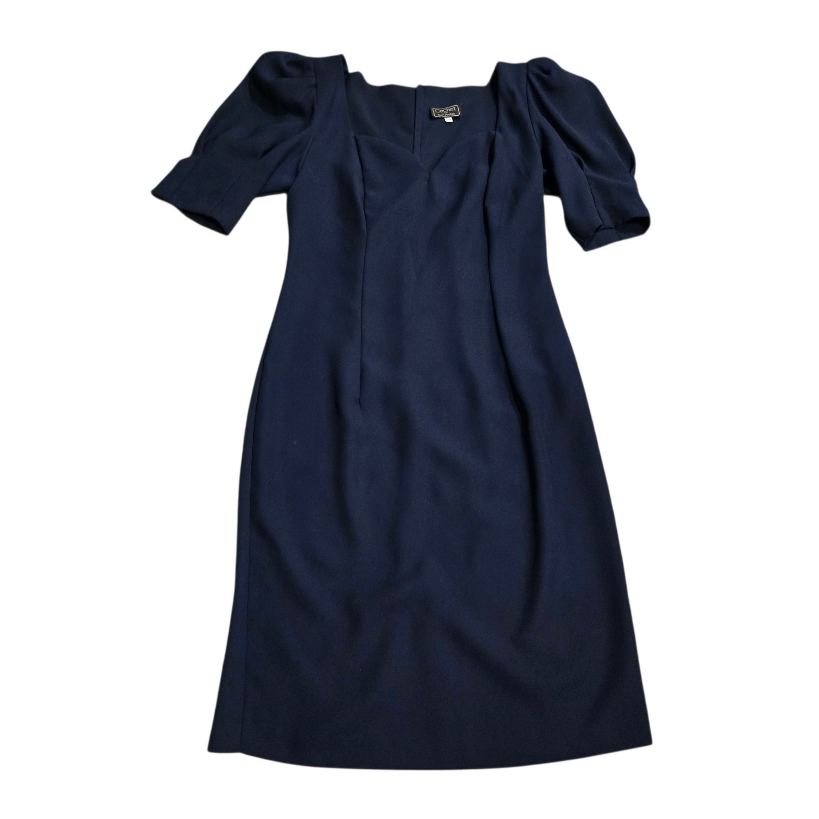 Vtg Cachet By Bari Protas Navy Blue Midi Dress Sz 5 6 Sweetheart Puff Sleeve
