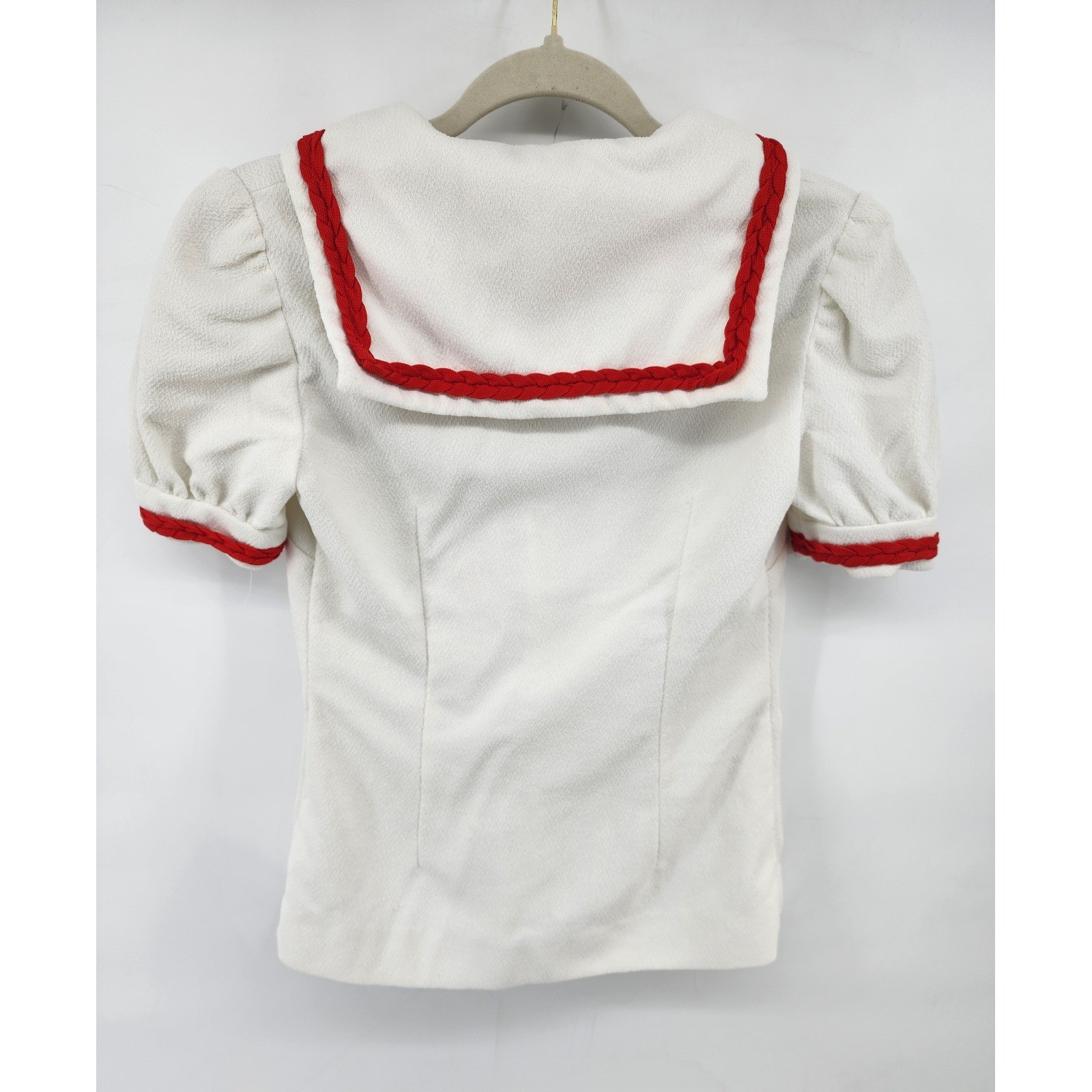 Vintage Sailor Collar Zip Up Puff Sleeve Blouse White Red Small Rockabilly Pinup