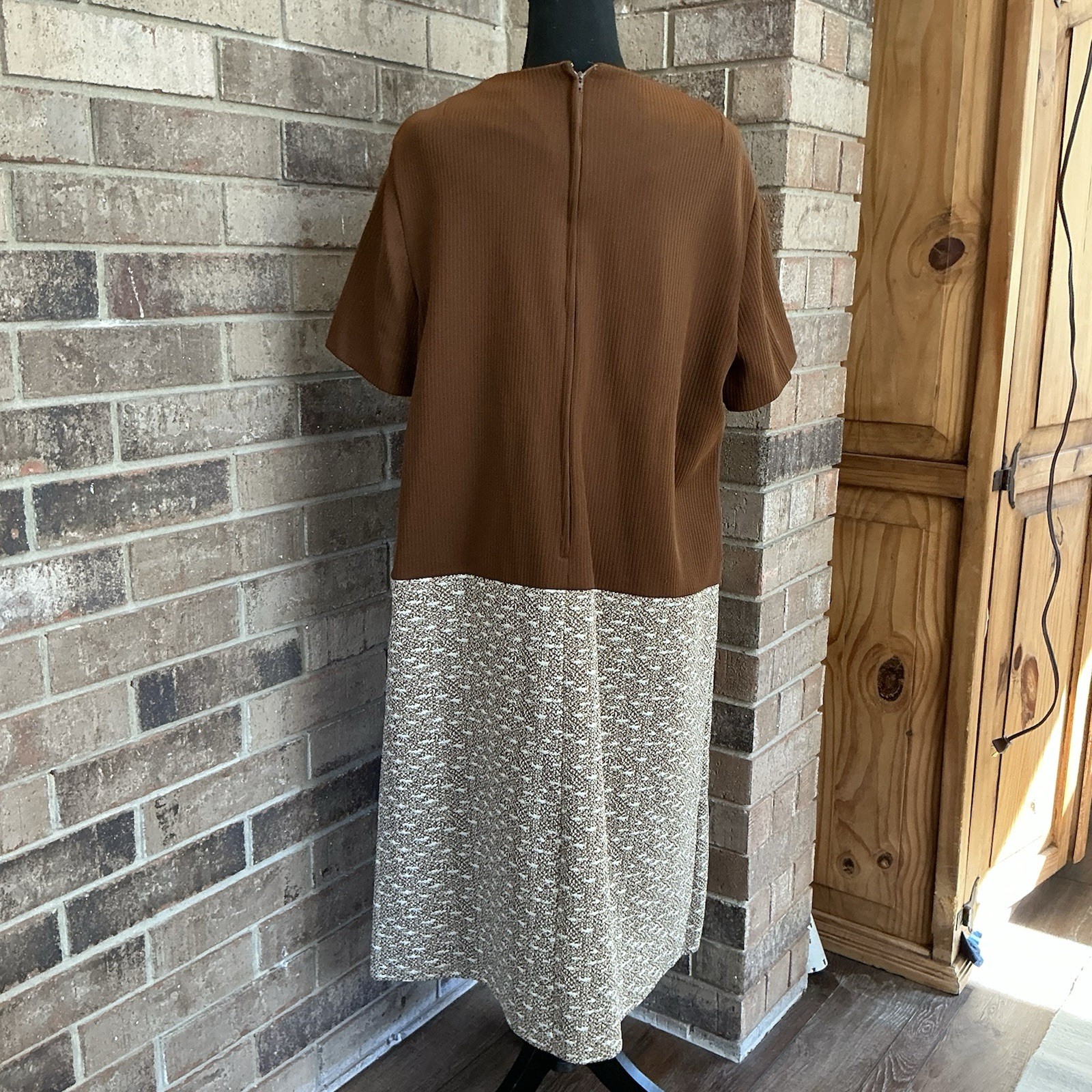 VTG Hopewell Custom Sizes Colorblock Dress Brown Tweed Shift Sz L Jonathan #31C7
