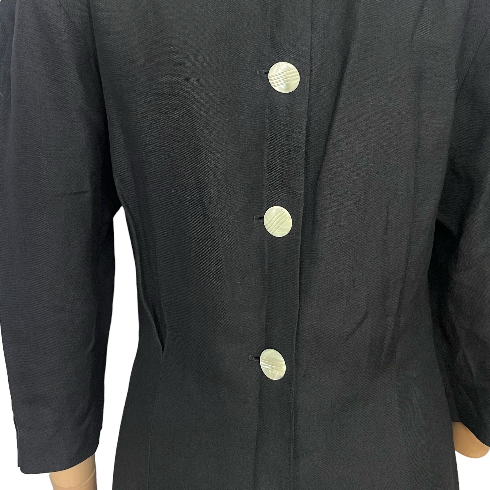 80s Vintage Kathryn Dianos Linen Sheath Dress Pleated Puff Sleeve Medium