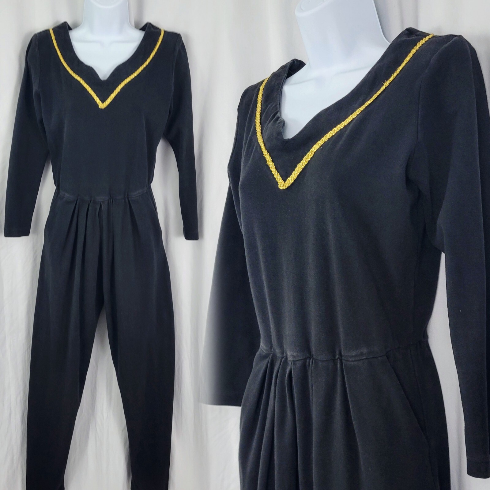 Vintage FADS Black Knit Jumpsuit w Pleated Pants & Gold Braid Neckline Size S