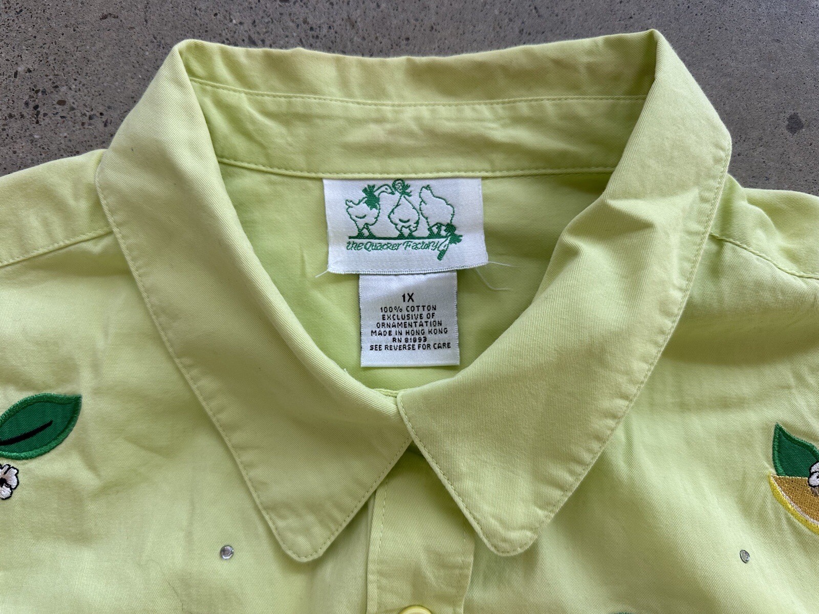 Vintage The Quaker Factory Yellow Cotton Embroidered Lemon Lime Orange Shirt 1X