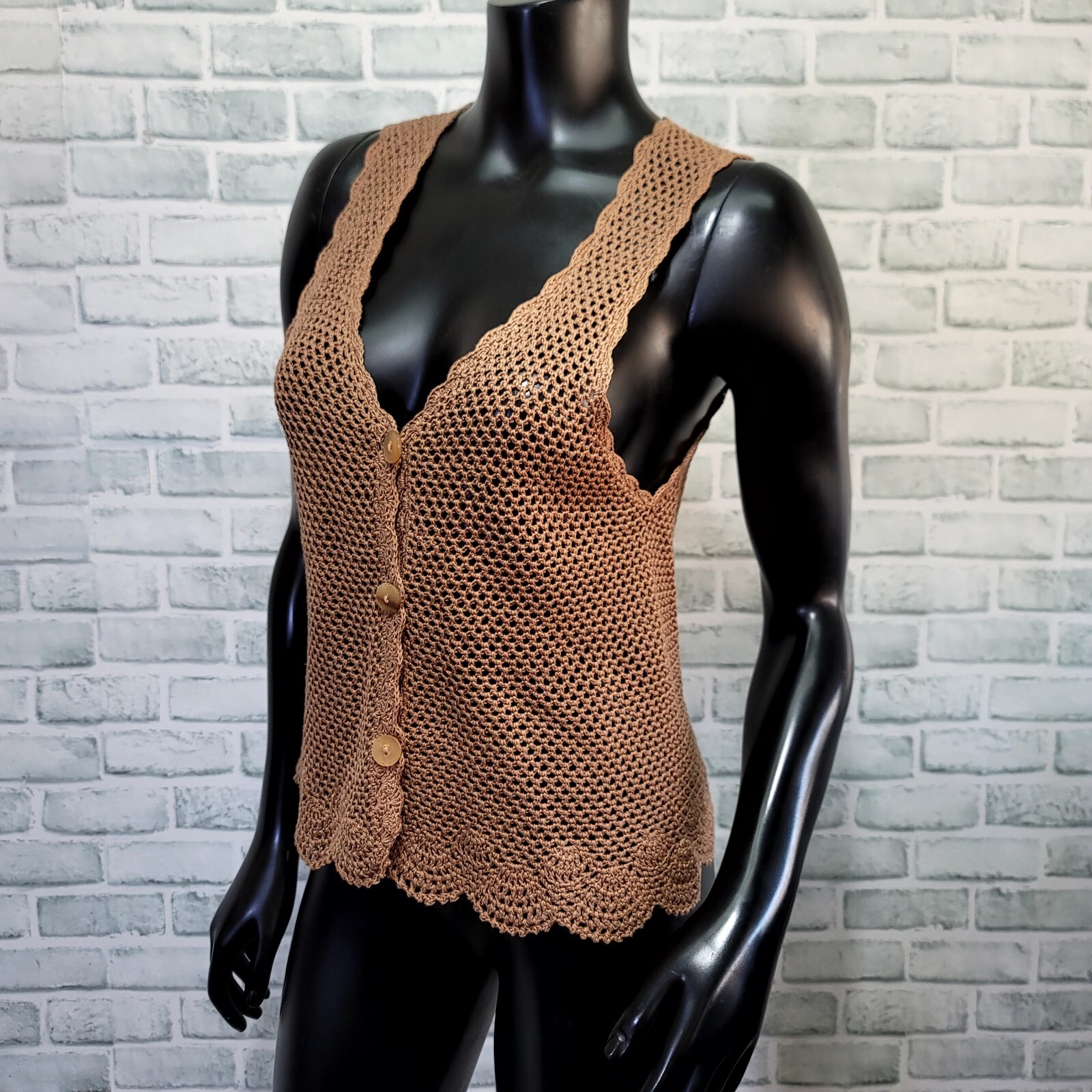 Vintage 90s Does 70s Island Spice M Crochet Knit Vest Top Buttons Hippie Boho