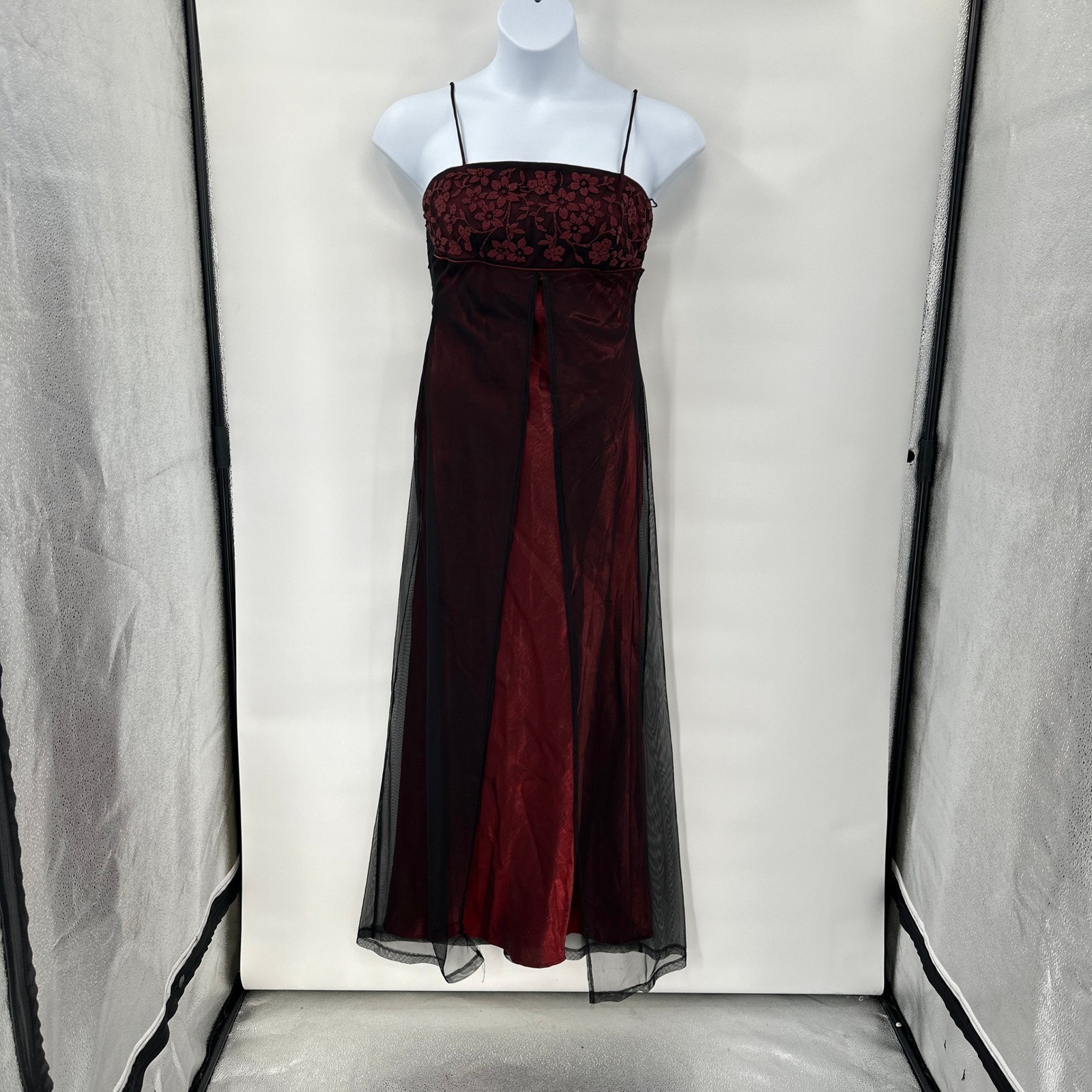 Y2K Burgundy Mesh Overlay Formal Dress size 11 Babydoll Beaded Prom Whimsigoth