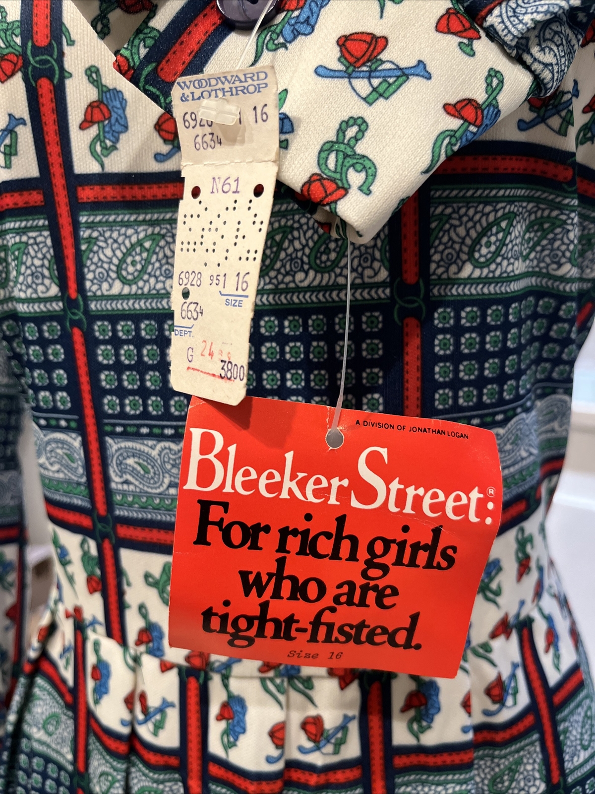 Vtg 60s 70s Bleeker Street Dress Retro Large NWT Woodward & Lothrop equestrian
