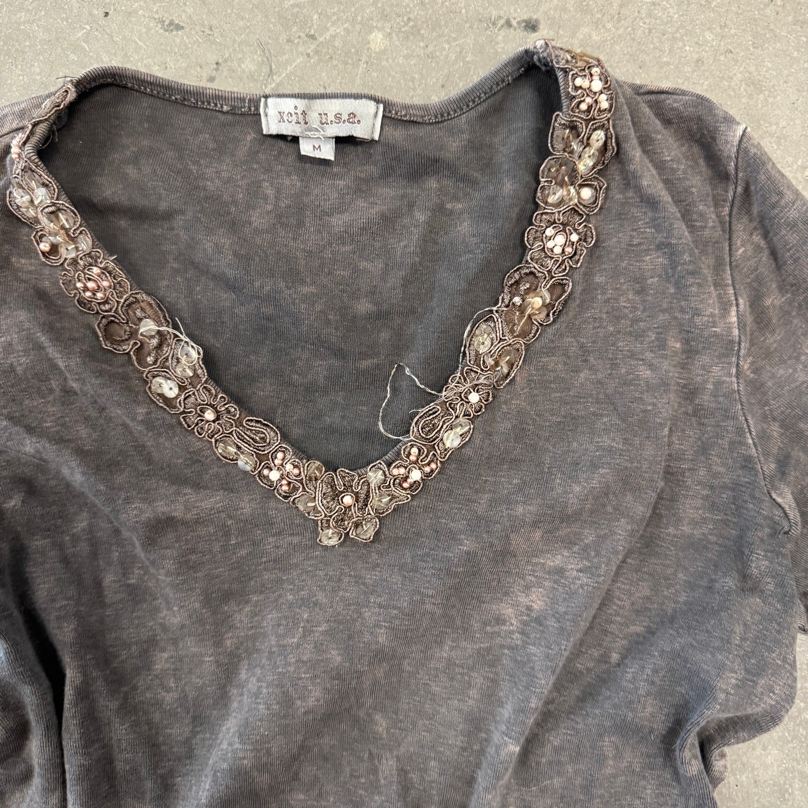 Vintage Y2K Beaded Embellished Grey Brown Acid Wash Longsleeve Xcite USA Medium