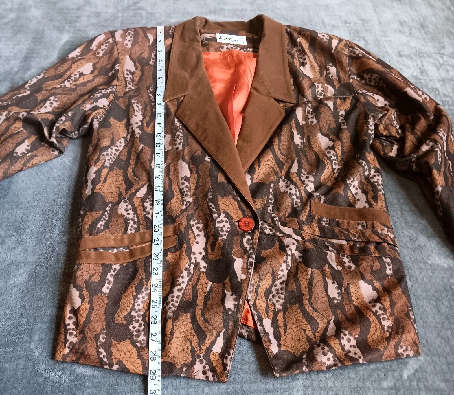 Vintage Lee Camo Tree Bark 2 Piece Jacket Skirt Suit Set Brown Velvety Artsy