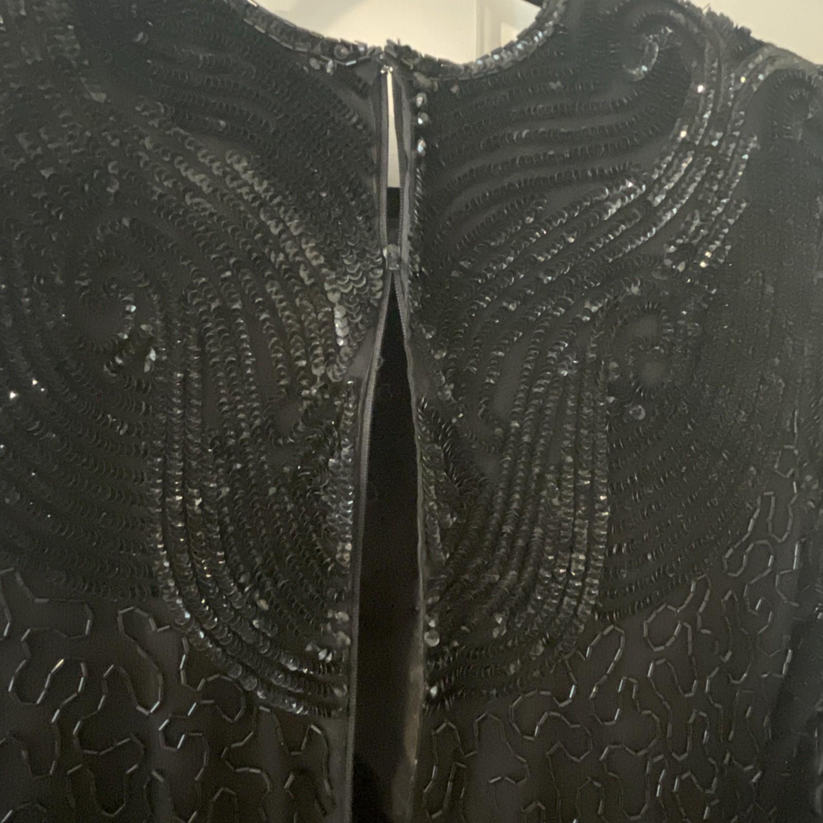 Vtg SWEELO Black 100% Silk Sequin Beaded Slim Fit Long Evening Party Dress Sz S