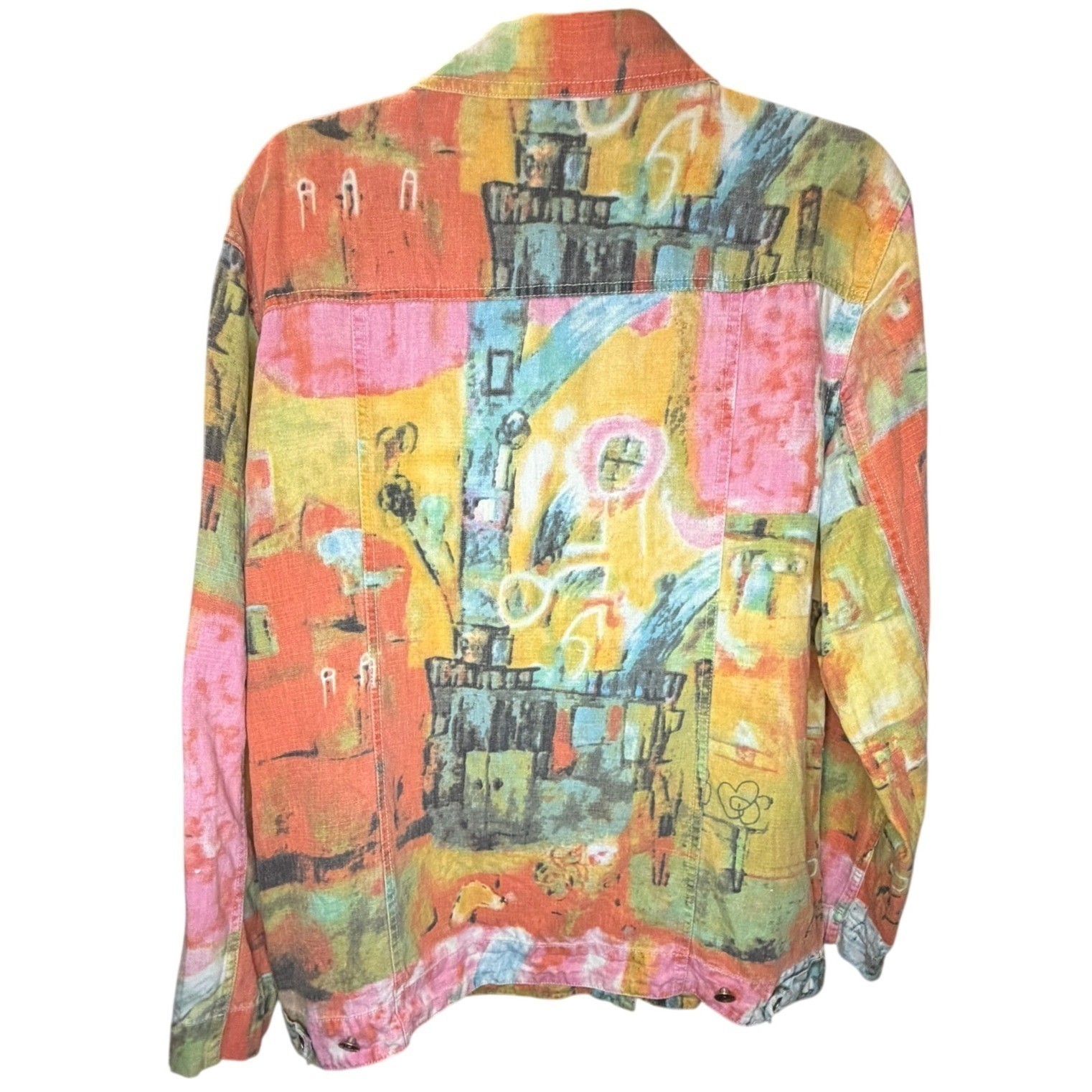 Vintage Chico’s Design Jacket Womens 2 Multicolor 90s Abstract Art Linen Cotton