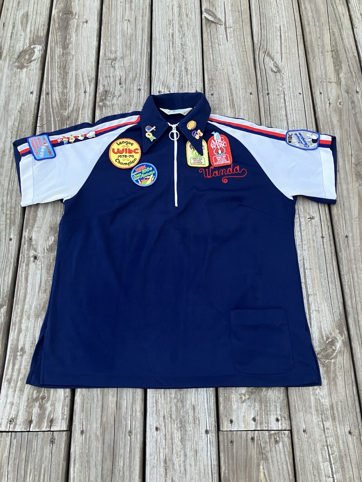 Vtg Bowling Shirt Womens Rockabilly Red White Blue Chain Stitch Pins Patches