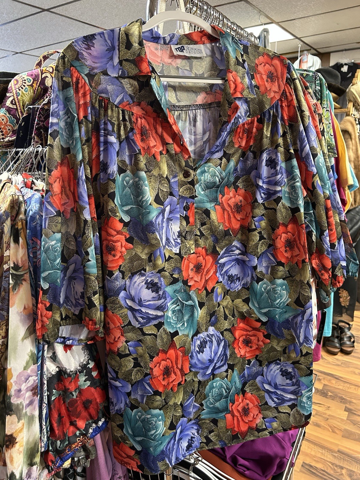 Vintage Women’s Top Notch Floral Blouse Shirt Plus Size 44/24W Smock 3/4 Sleeve