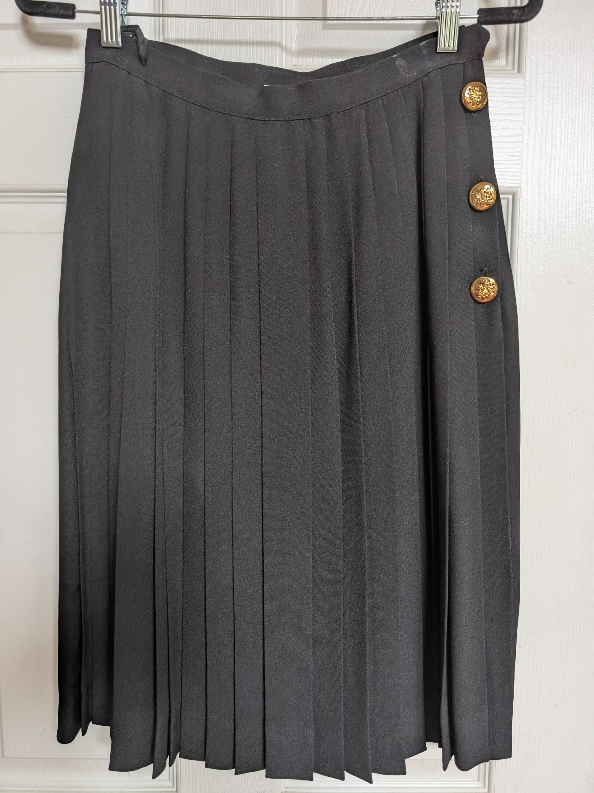 Vintage Designer Adolfo New York S Black Skirt w/Gold Button Silk Crepe de Chine
