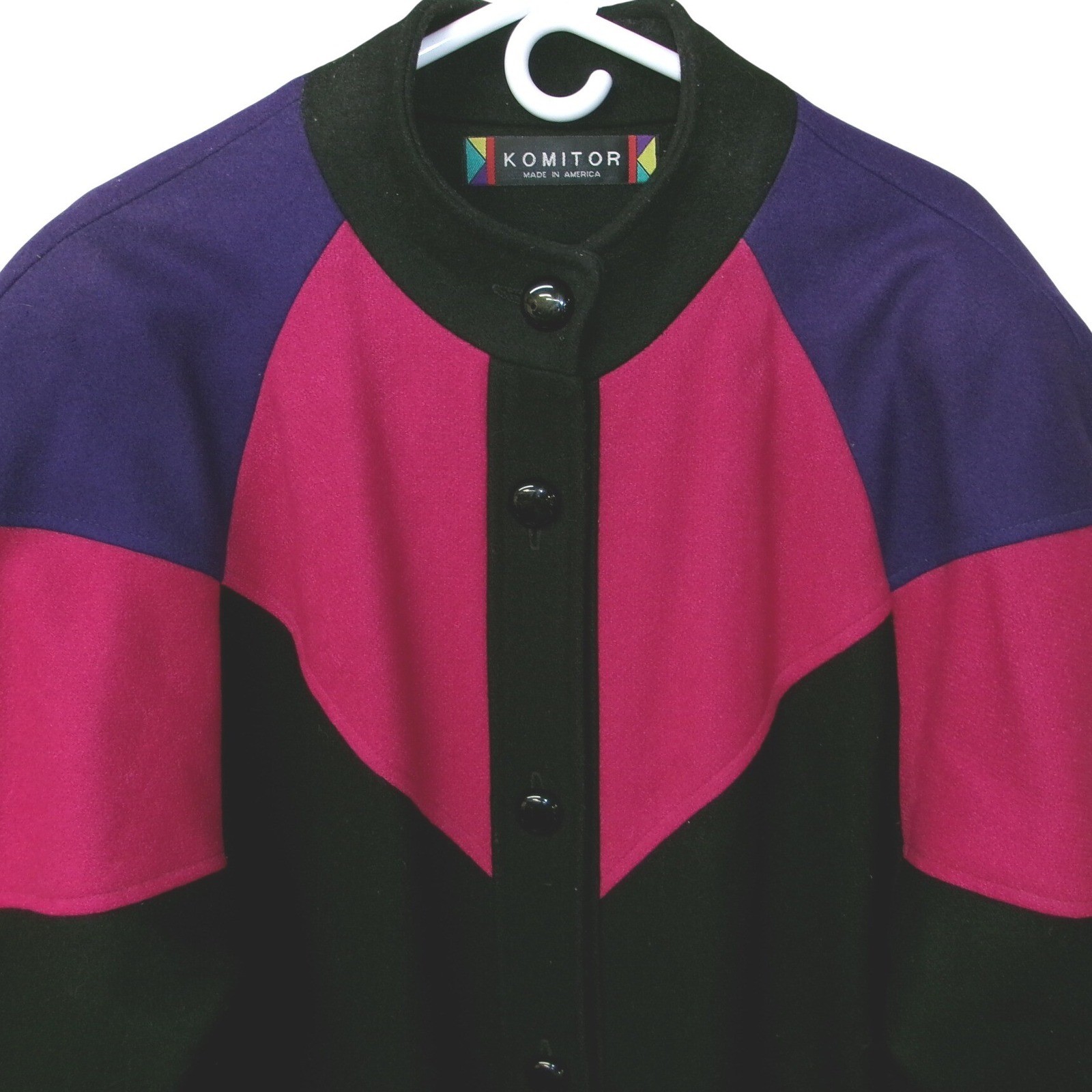 Komitor USA Vintage 80s Colorblock Wool Coat Magenta Purple Black Oversized XL