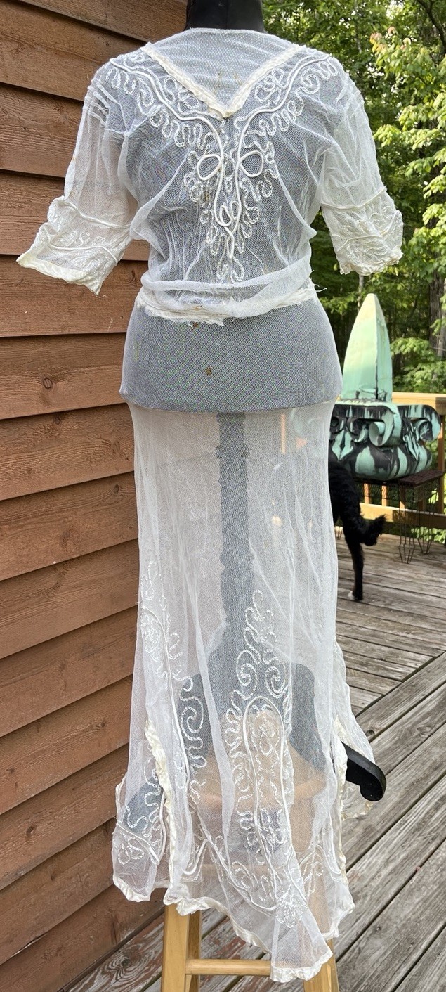 Antique Edwardian Ladies Net Lace Tea Dress, Bridal Dress, Satin Ribbon Applique