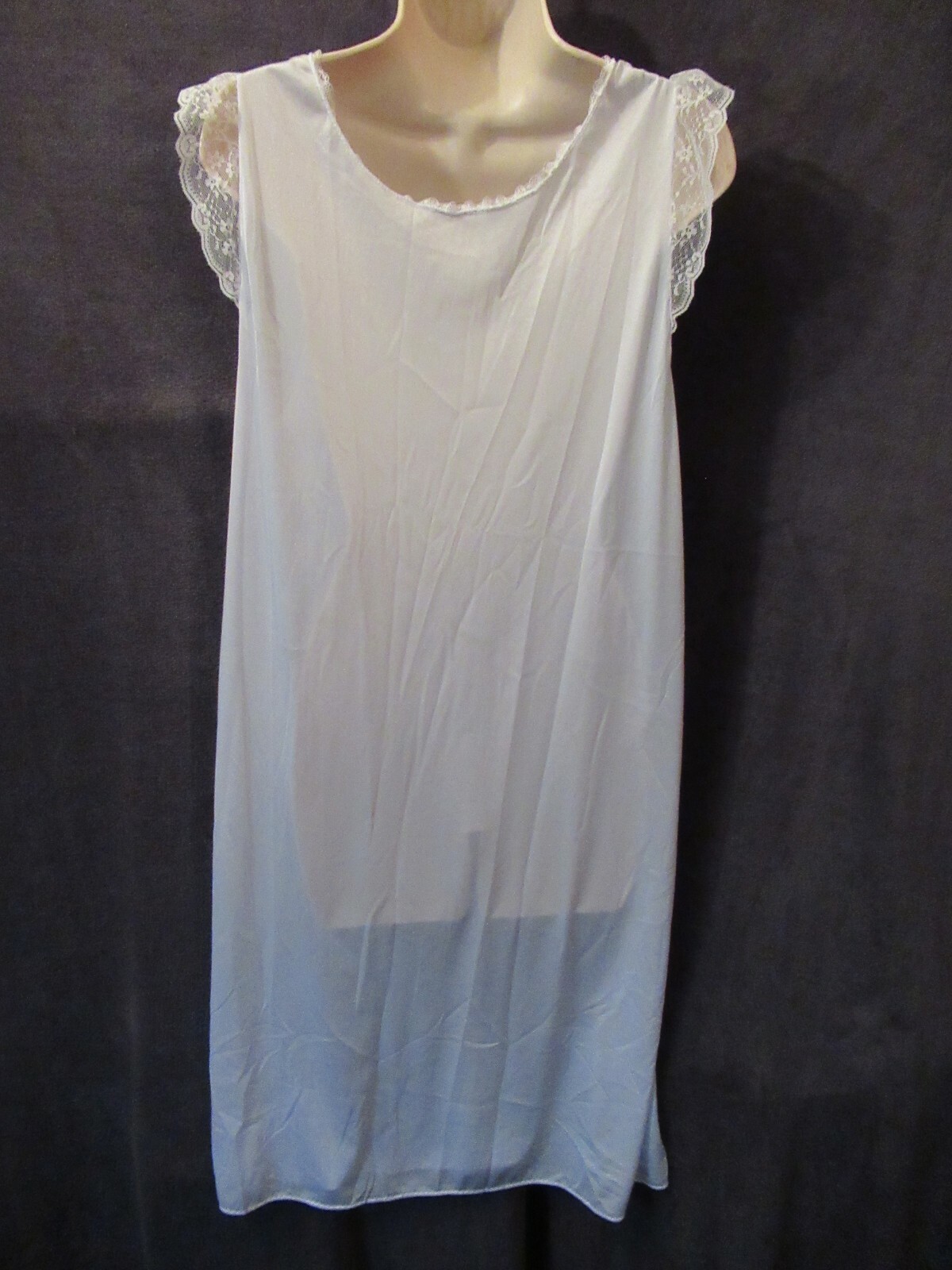 Vintage Spotlight Light Blue Nylon Shimmer Ruched Lace Trim Sleeveless Nighty L