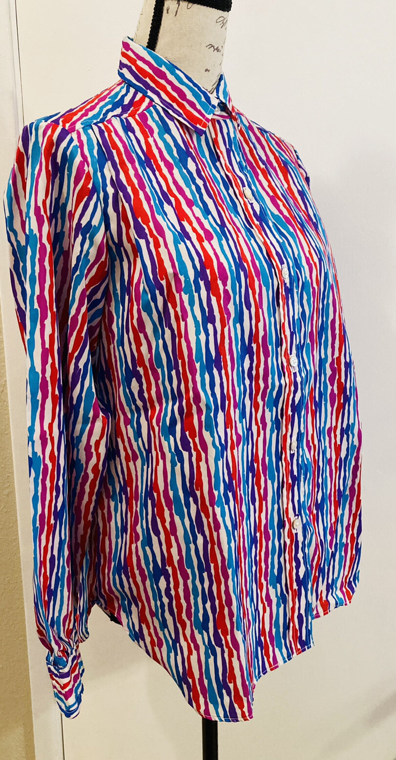 EVAN-PICONE Retro Secretary Vtg Blouse Multi Color Striped Button Up Poly 14 USA