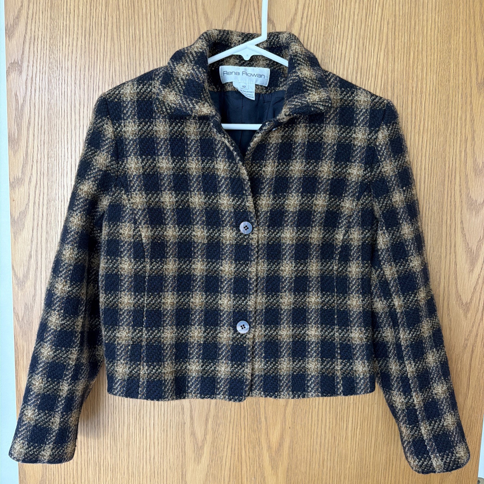 Vintage Rena Rowan Cropped Wool Blazer Jacket Women’s 12 Plaid Button Blue Brown
