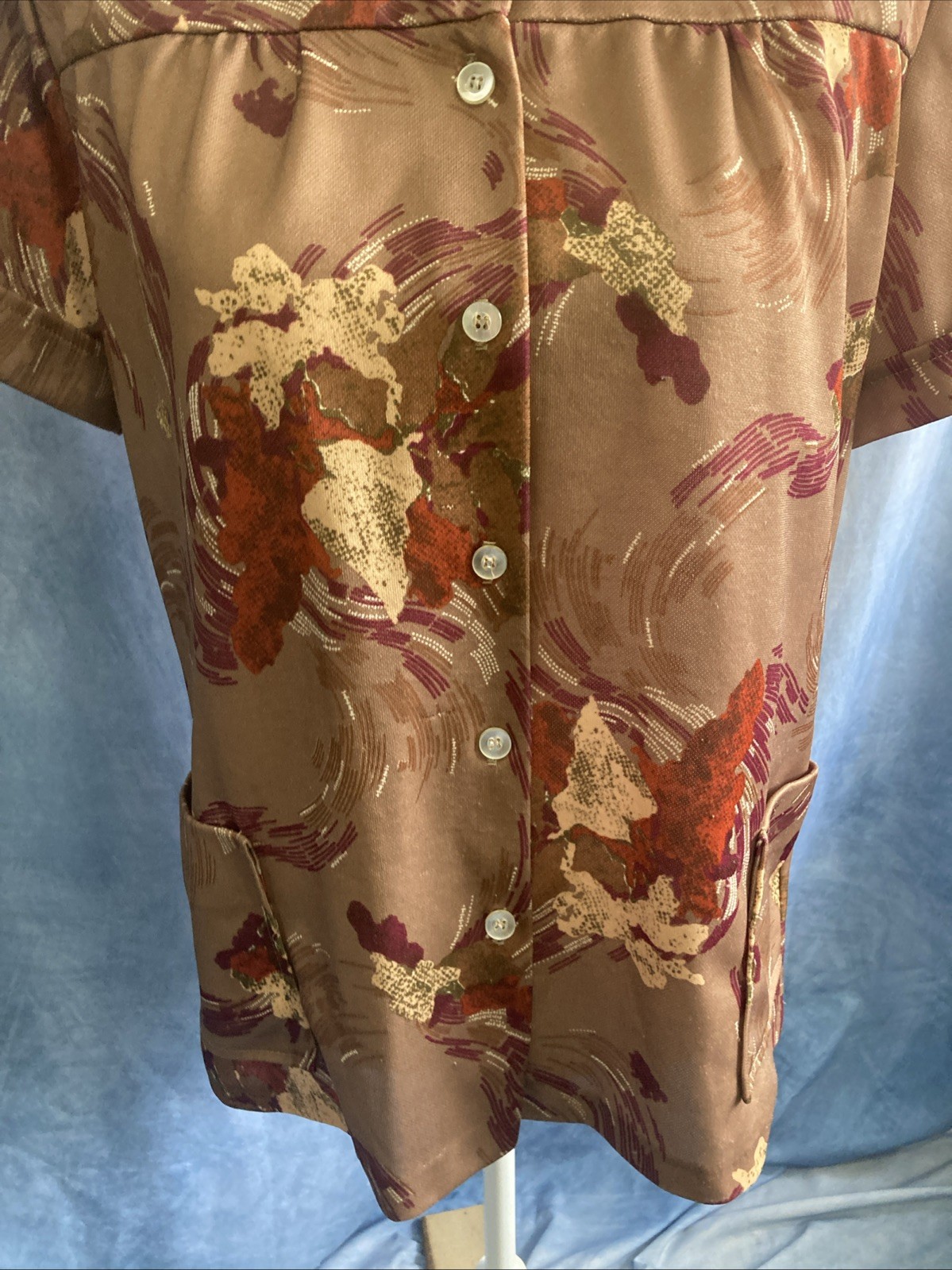Vtg 70s Polyester Smock Blouse Top Abstract Earth Tone Disco Collar GUC Retro