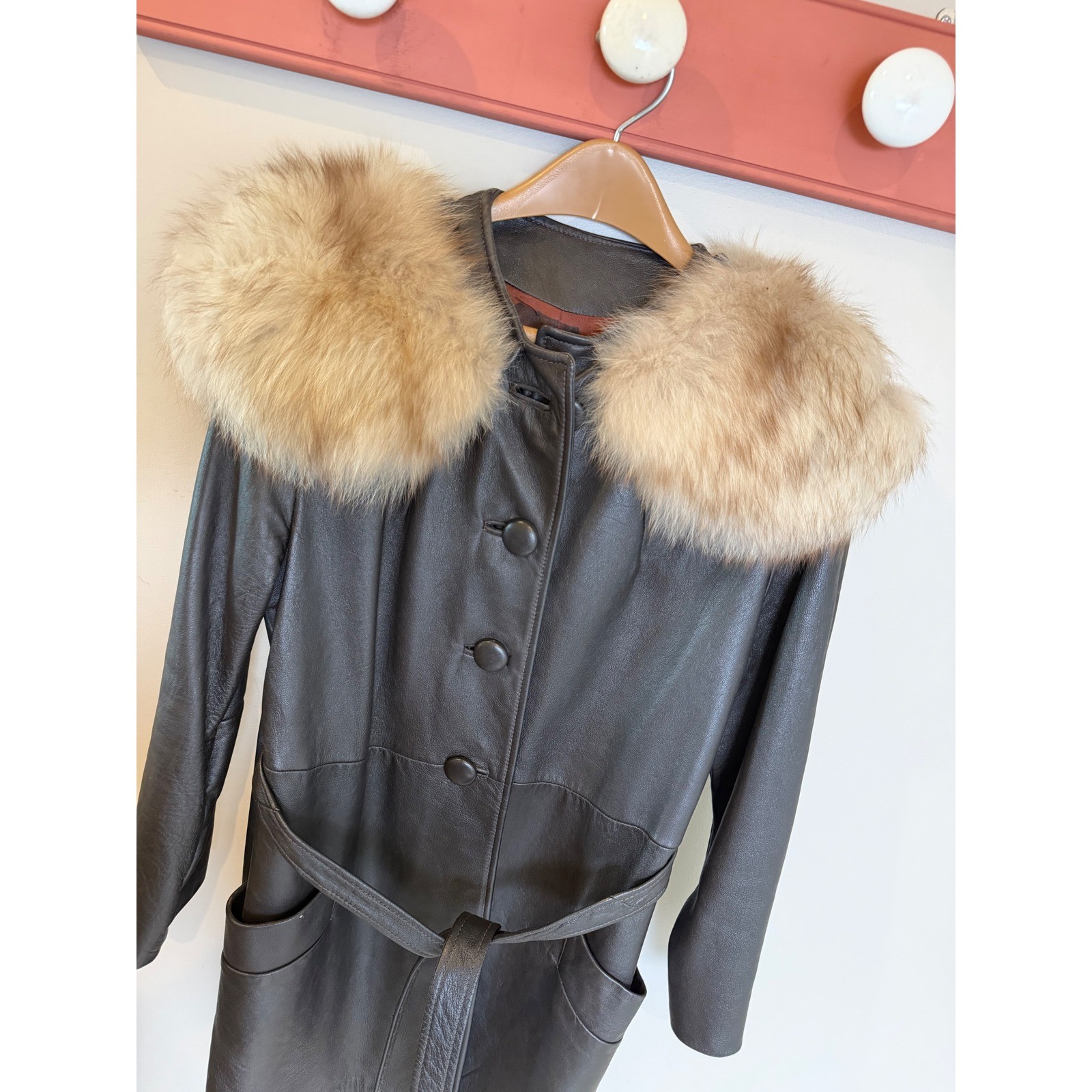 Vintage Brown Leather Trench Coat Fur Collar Belted ILGWU Made USA 60 70’s