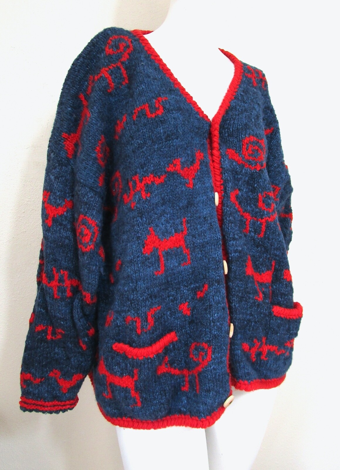 Vintage Amano Wool Wood Boho Tribal Cave Drawing Caridgan Sweater Oversize S L