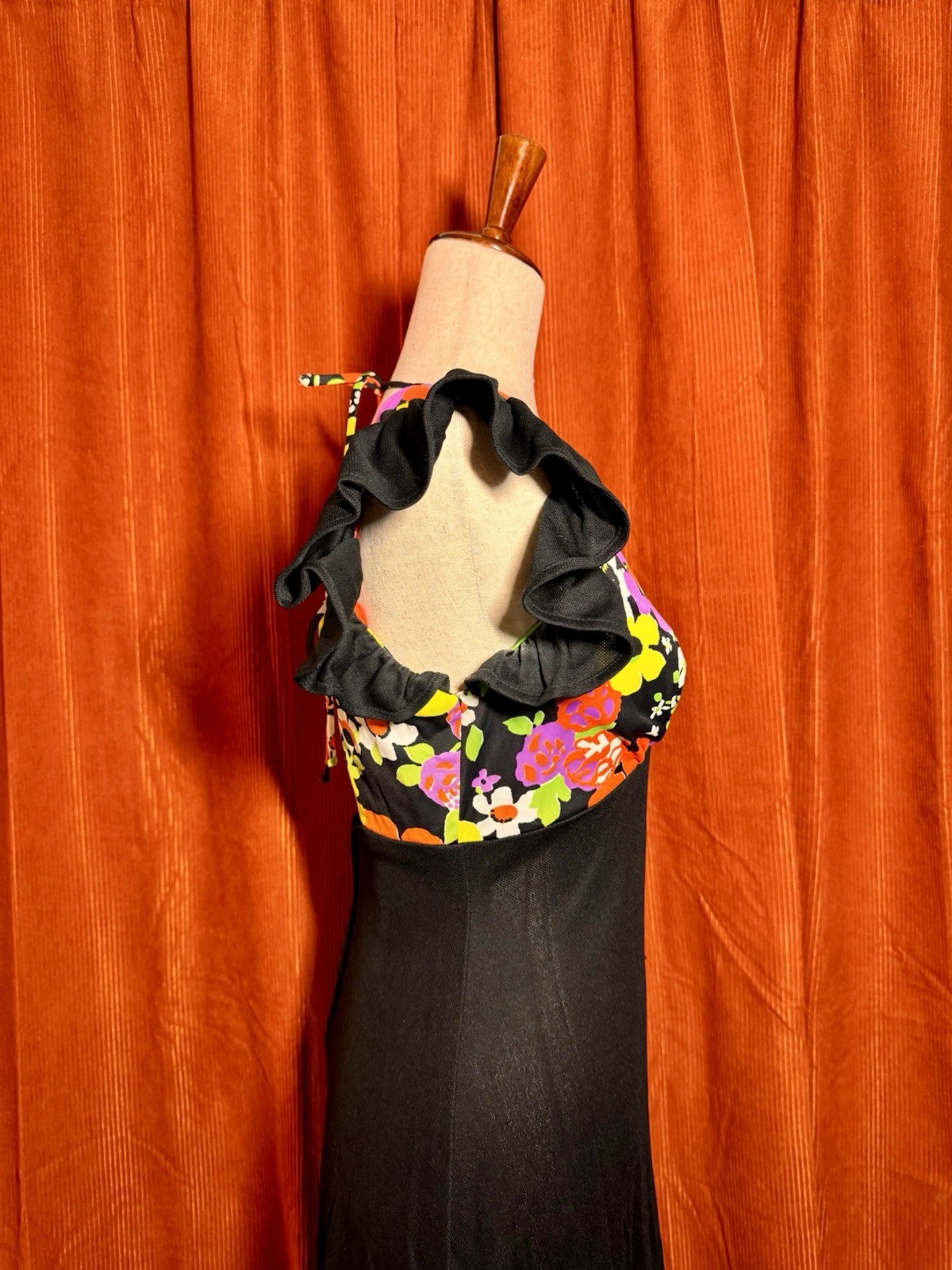 Vintage Handmade 70s Style Floral Maxi Dress Black Open Back Ruffle Sleeve S/M