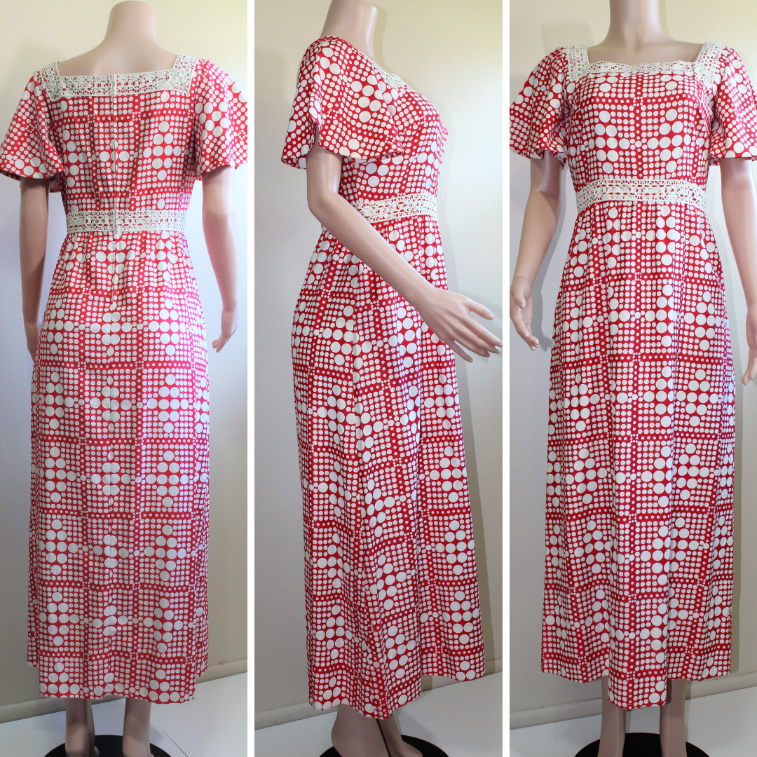 M Vintage 70s Maxi Prom Dress A Line Red White Polka Dot SS Puritan Juniors