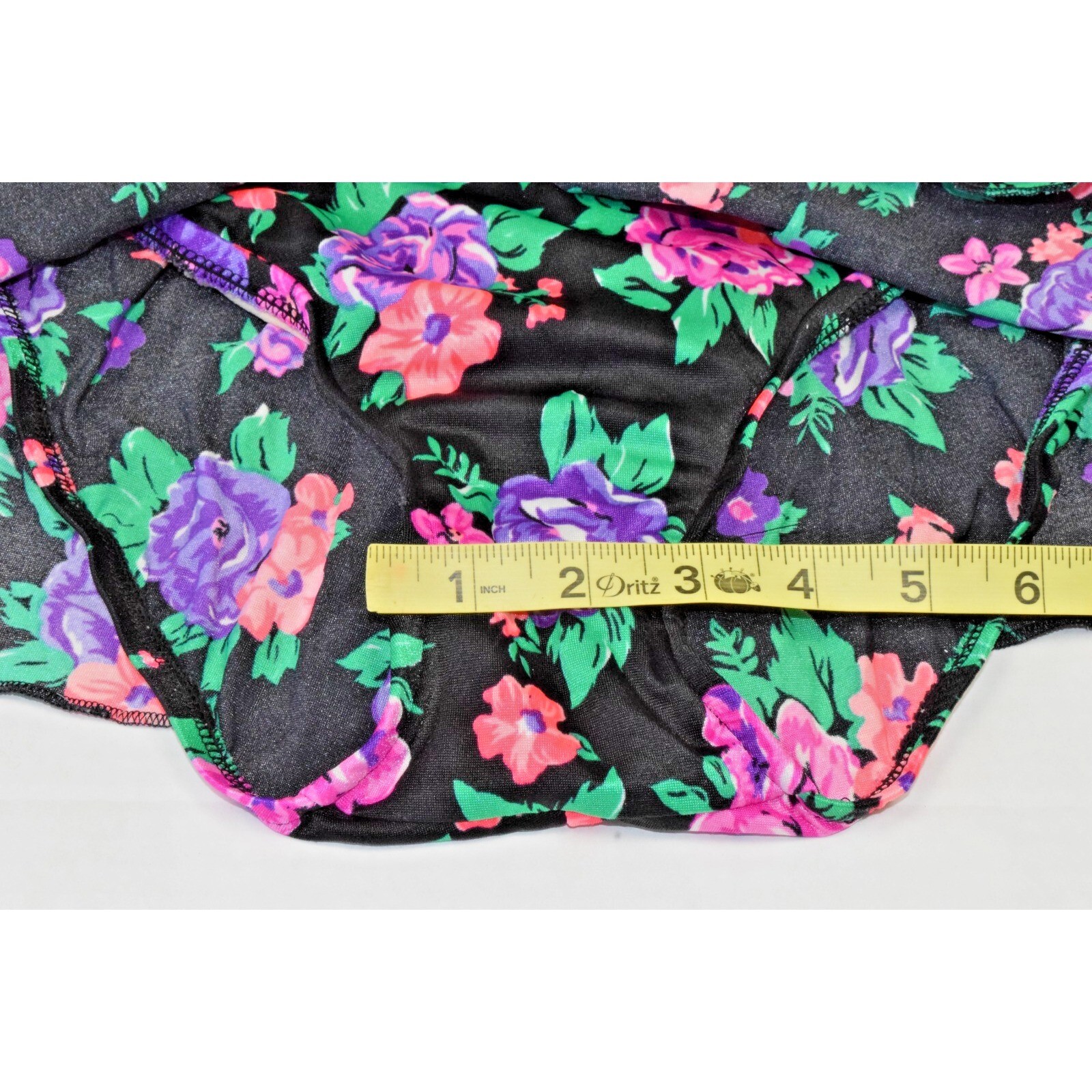 Vintage Swimsuit Size S/M 80s Glossy Black Pink Purple Flowers Full Skirt Bra