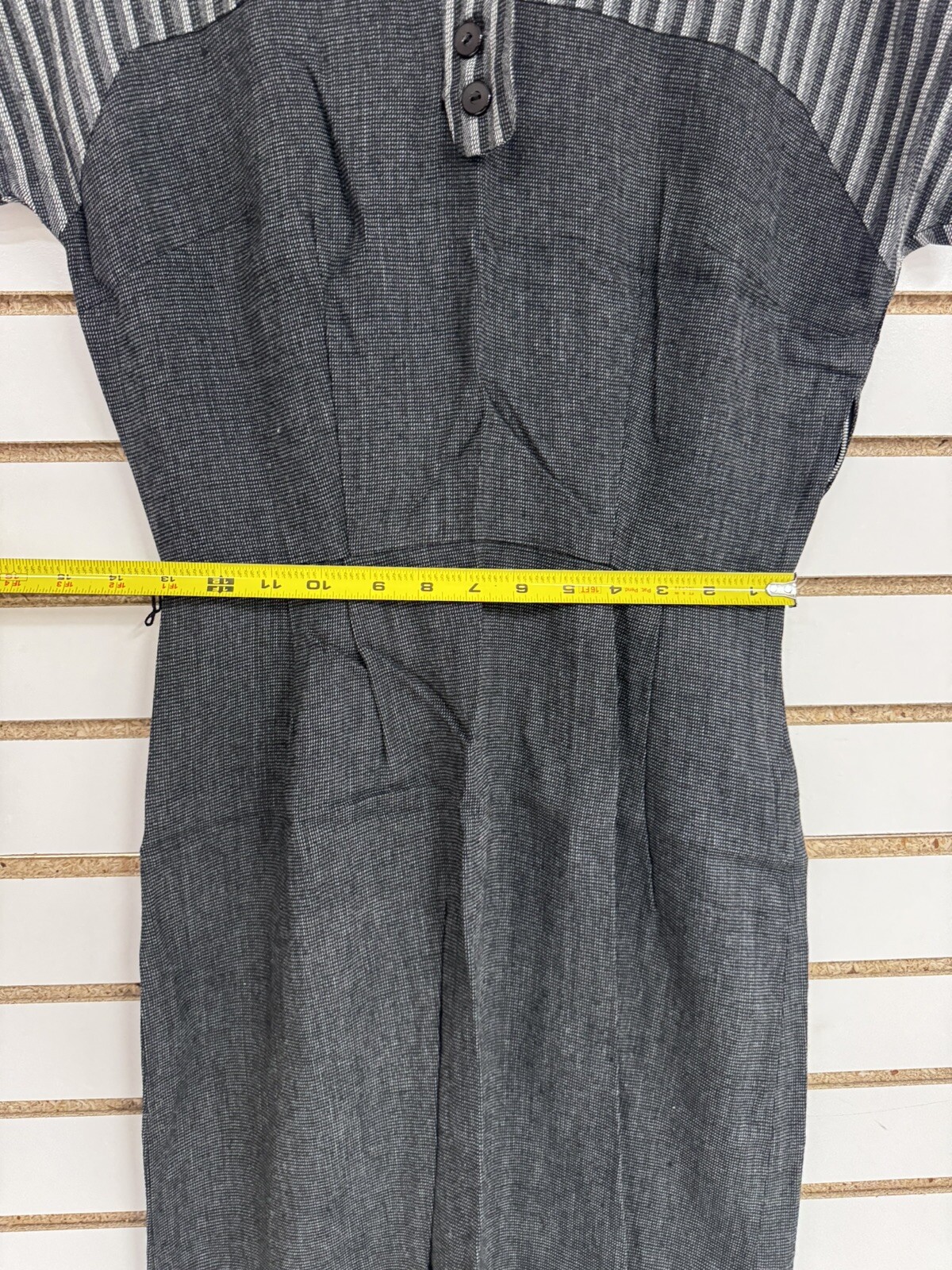 Vintage 1950s Day Dress Blue Quarter Button White Collar Zipper Side W 26″ BL