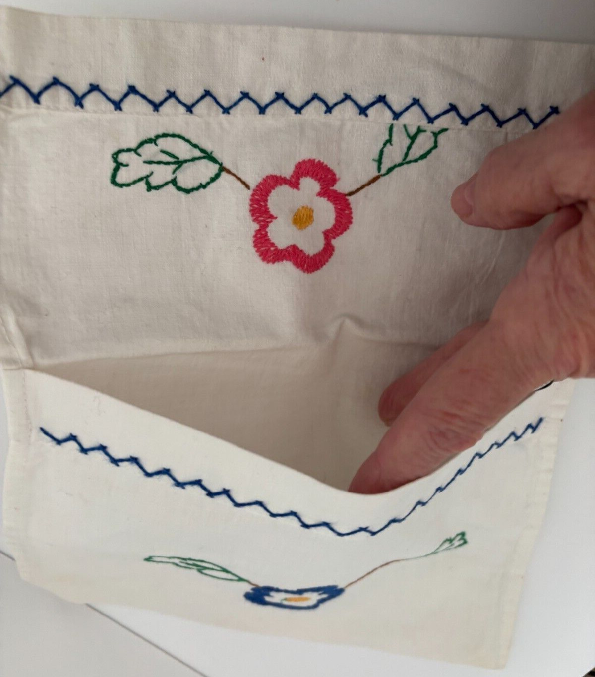 Vtg Pink Blue Embroidered Floral Hanky Hosiery LINGERIE CASE Cotton WALL POCKET