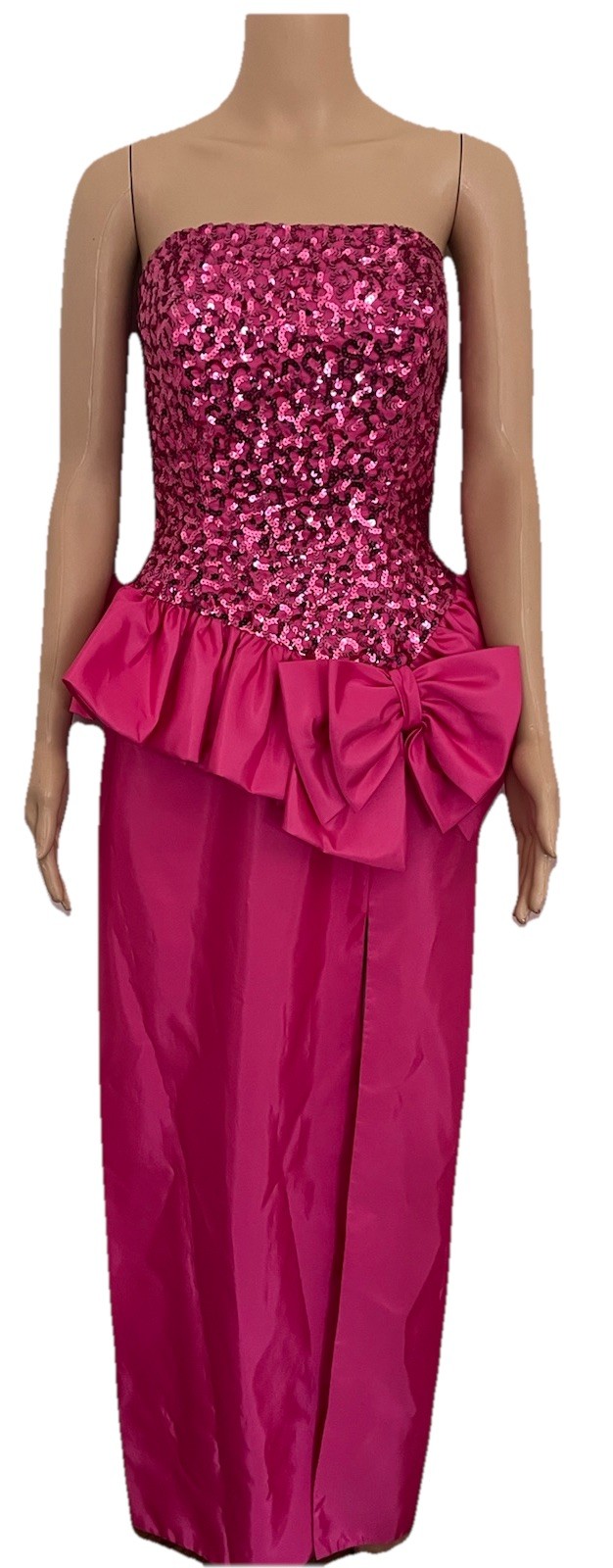 VTG 80s Mike Benet Pink Satin Sequin Strapless Peplum Formal Party Prom Dress