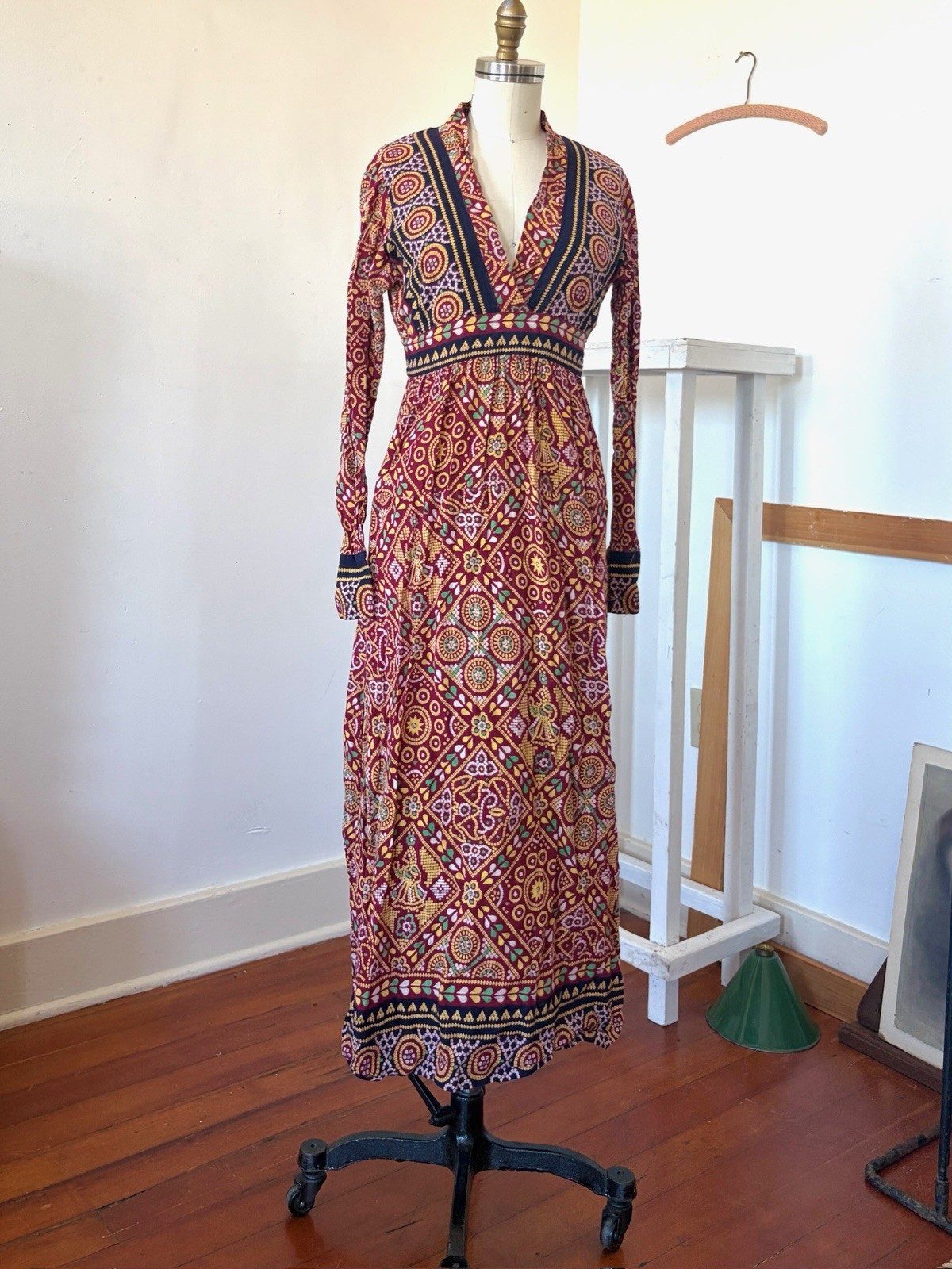 60s 70s Artisan Printed Pakistani Cotton Boho Hippie Empire Waist Maxi Dress XS
