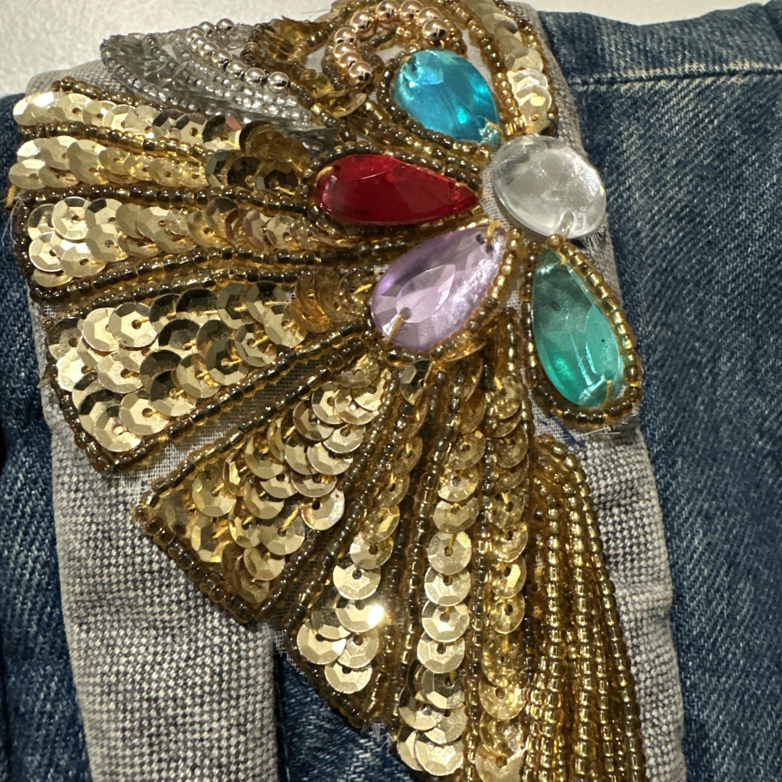 Vtg Mod Maid Denim Jacket Texas Bluebonnet Beaded Gold Fringe Western Cowgirl L
