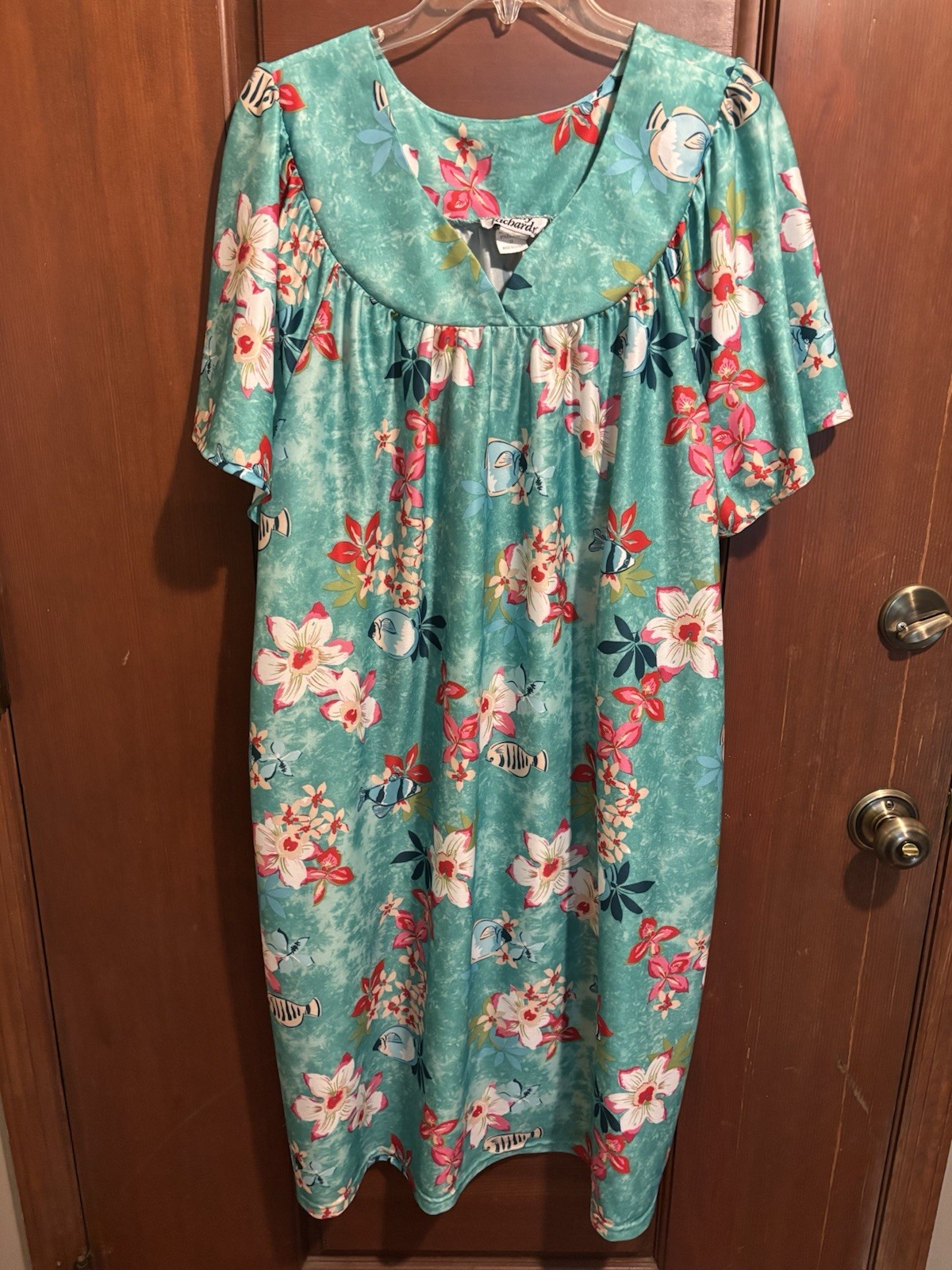 Anthony Richards 2X Hawaiian Dress Muumuu Tropical/Floral Fish Turquoise/Teal