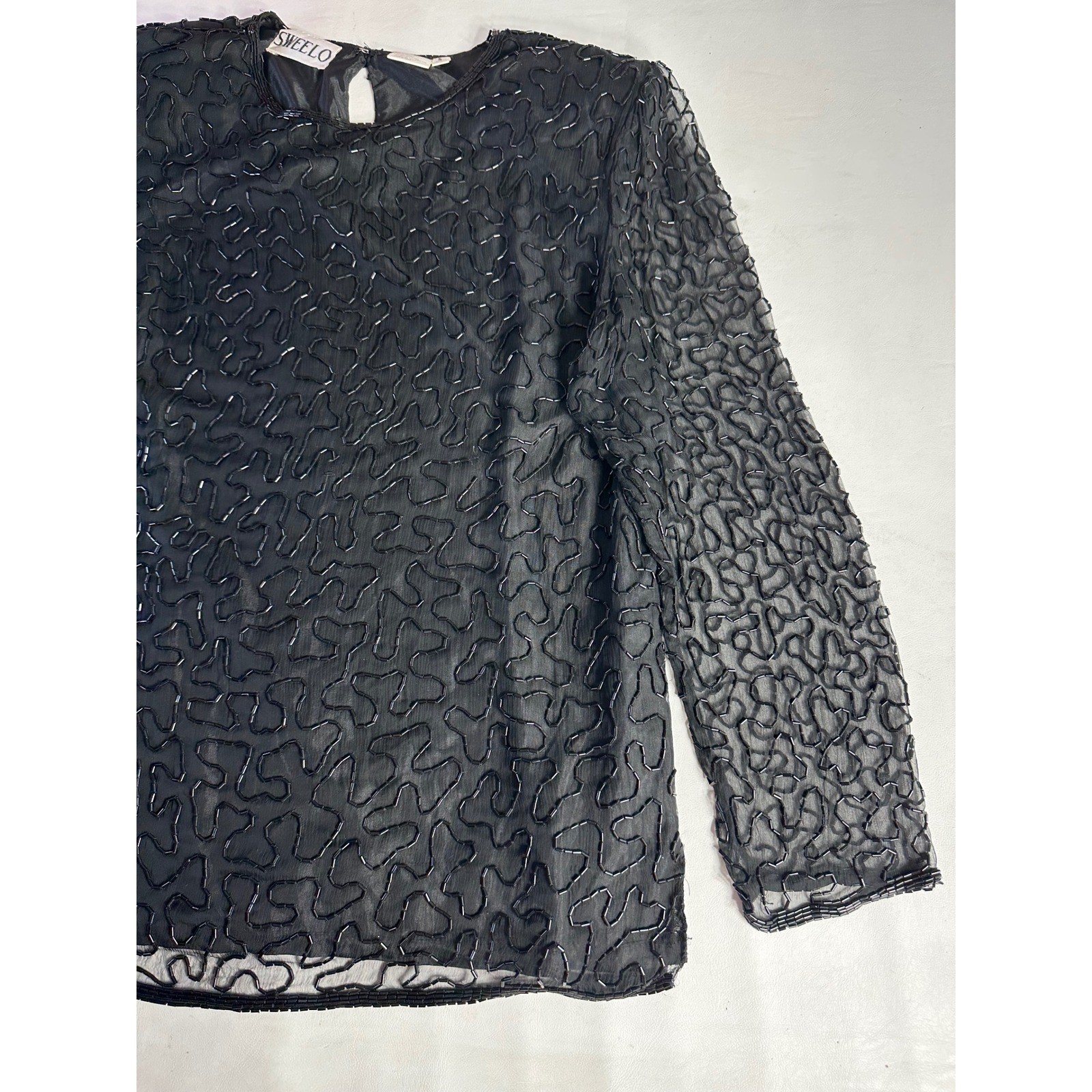 Sweelo Vintage Black Beaded Silk Top Sheer Long Sleeve Evening Blouse Small 6-8