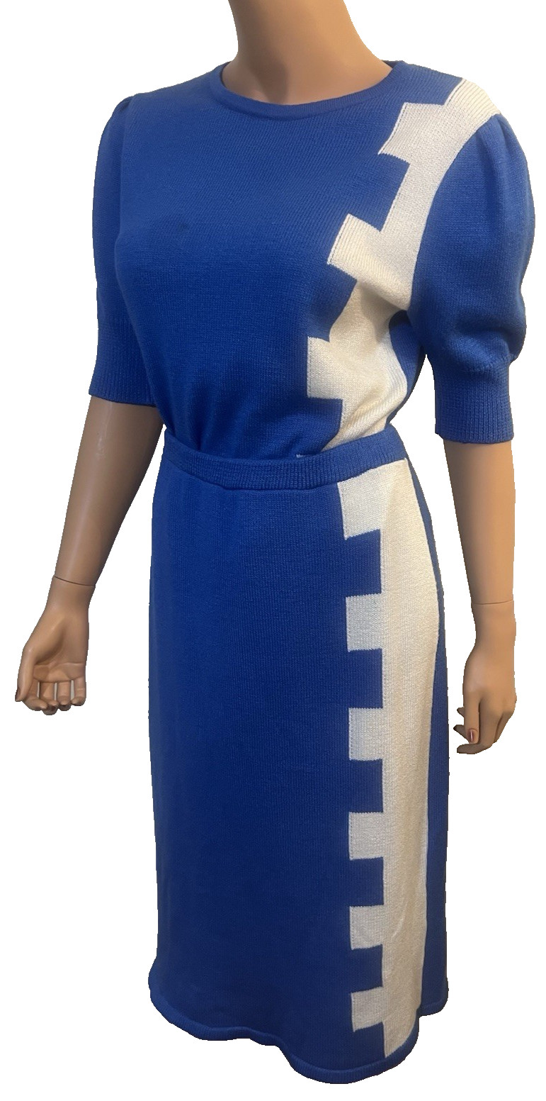 Mod 80s doing 40s Key Notch Design Knit Sweater Midi Skirt Set Dress M/L