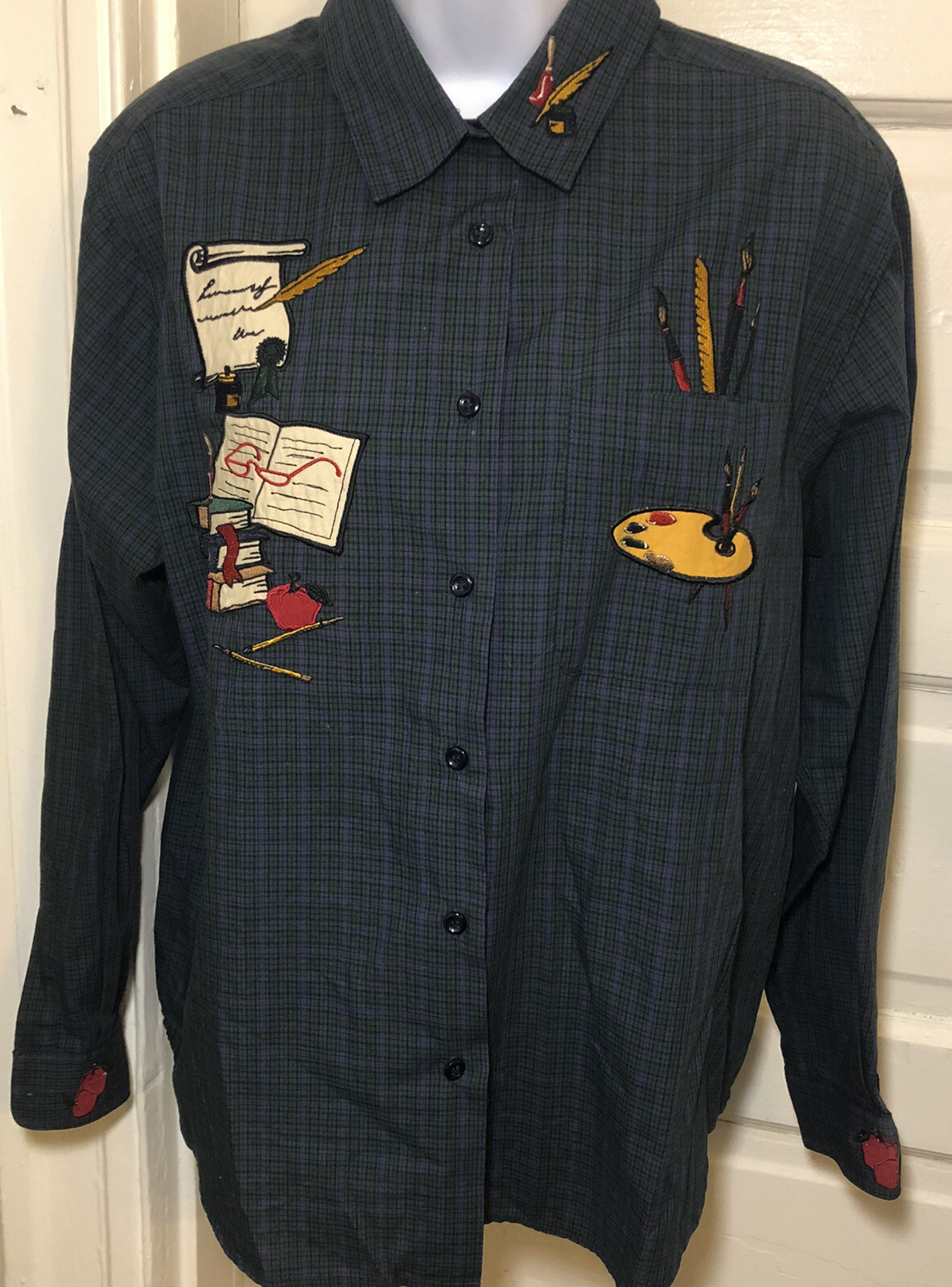 Vintage KAREN SCOTT 1980s Artist Paint Supplies Embroidered Shirt Blouse MEDIUM