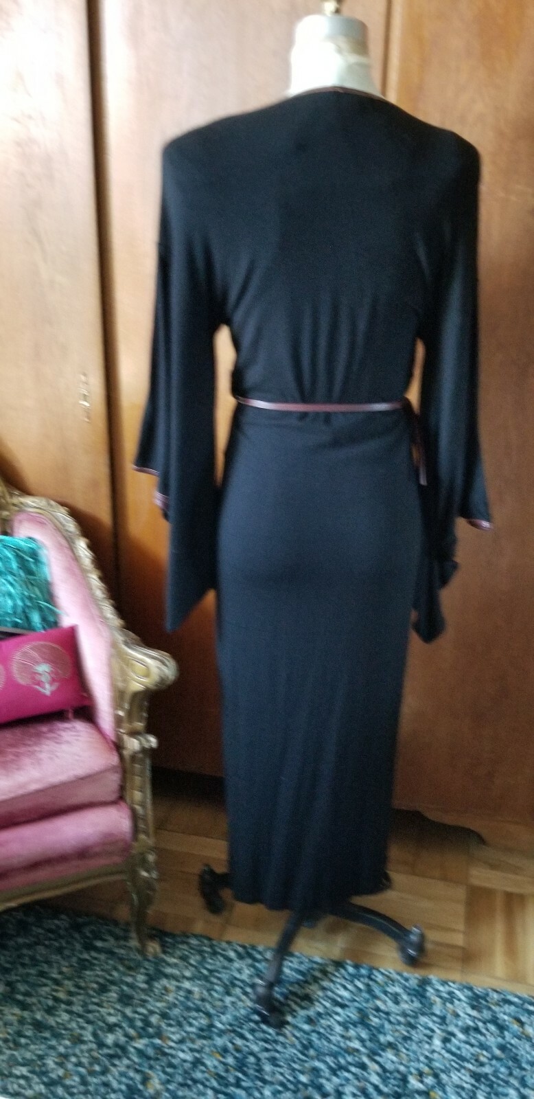 Japanese style Kimono dress Vintage black Cotton lycra Jersey dress/robe size 8