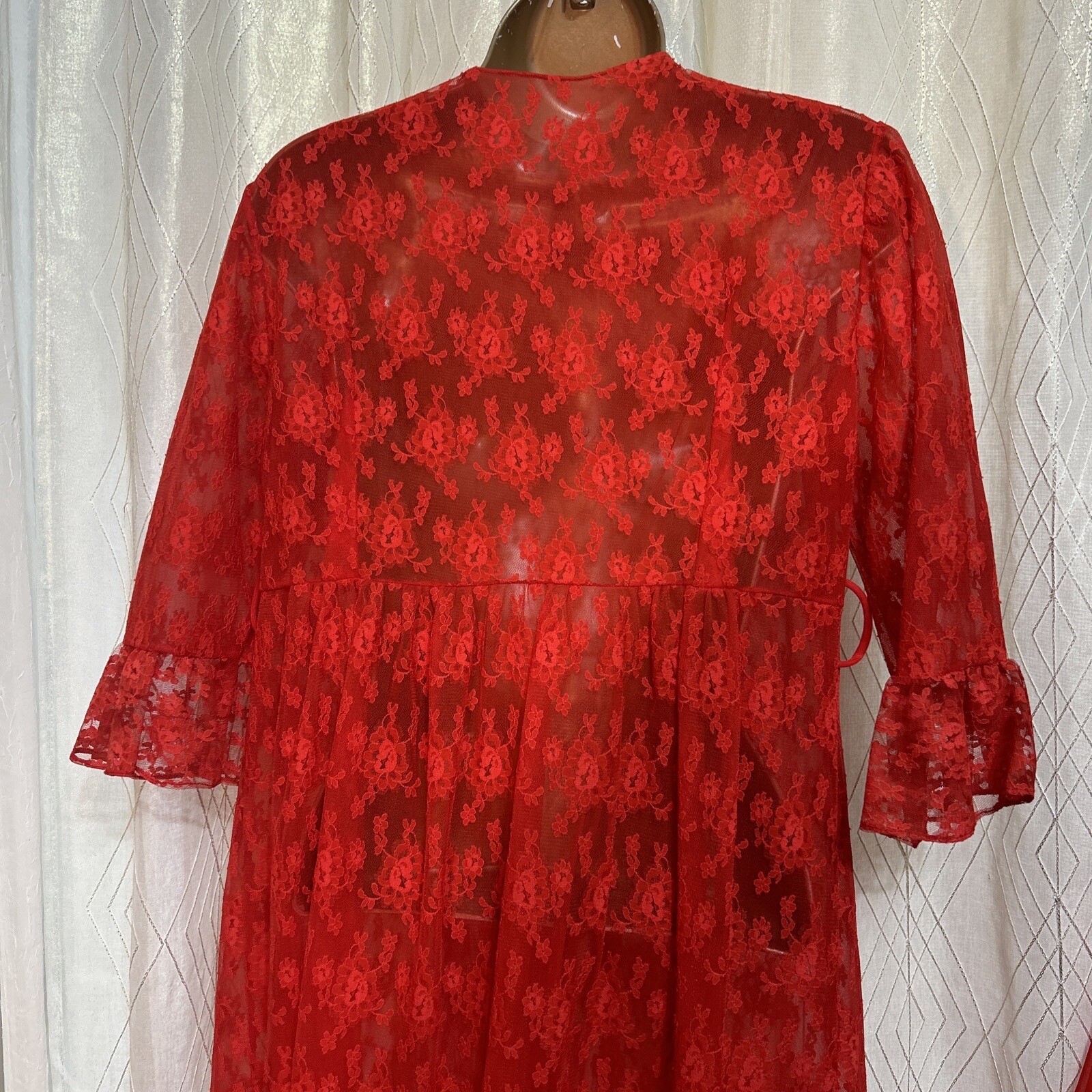 VTG 36 S M Peignoir Sunset Red NIGHTGOWN Lace Nylon LINGERIE Negligee Chiffon