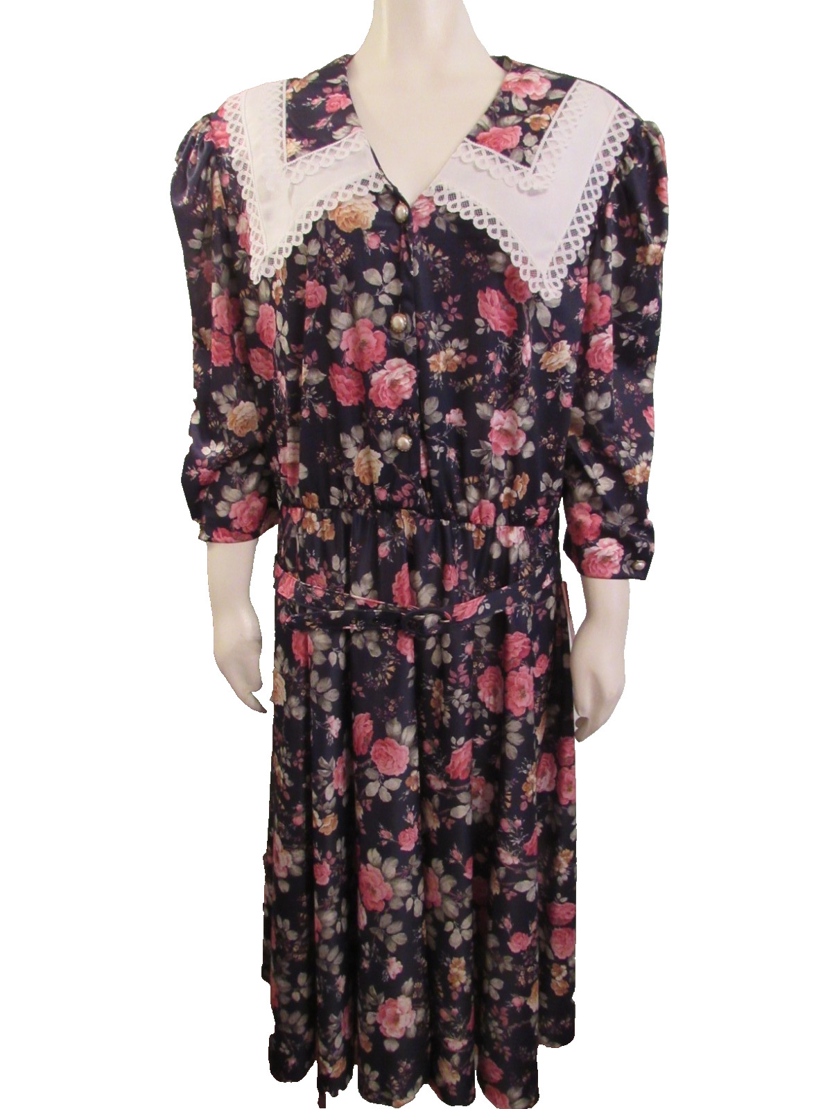 VTG 70s Whirlaway Frocks Women’s Size 20 Black Floral Prairie Dress Lace Collar