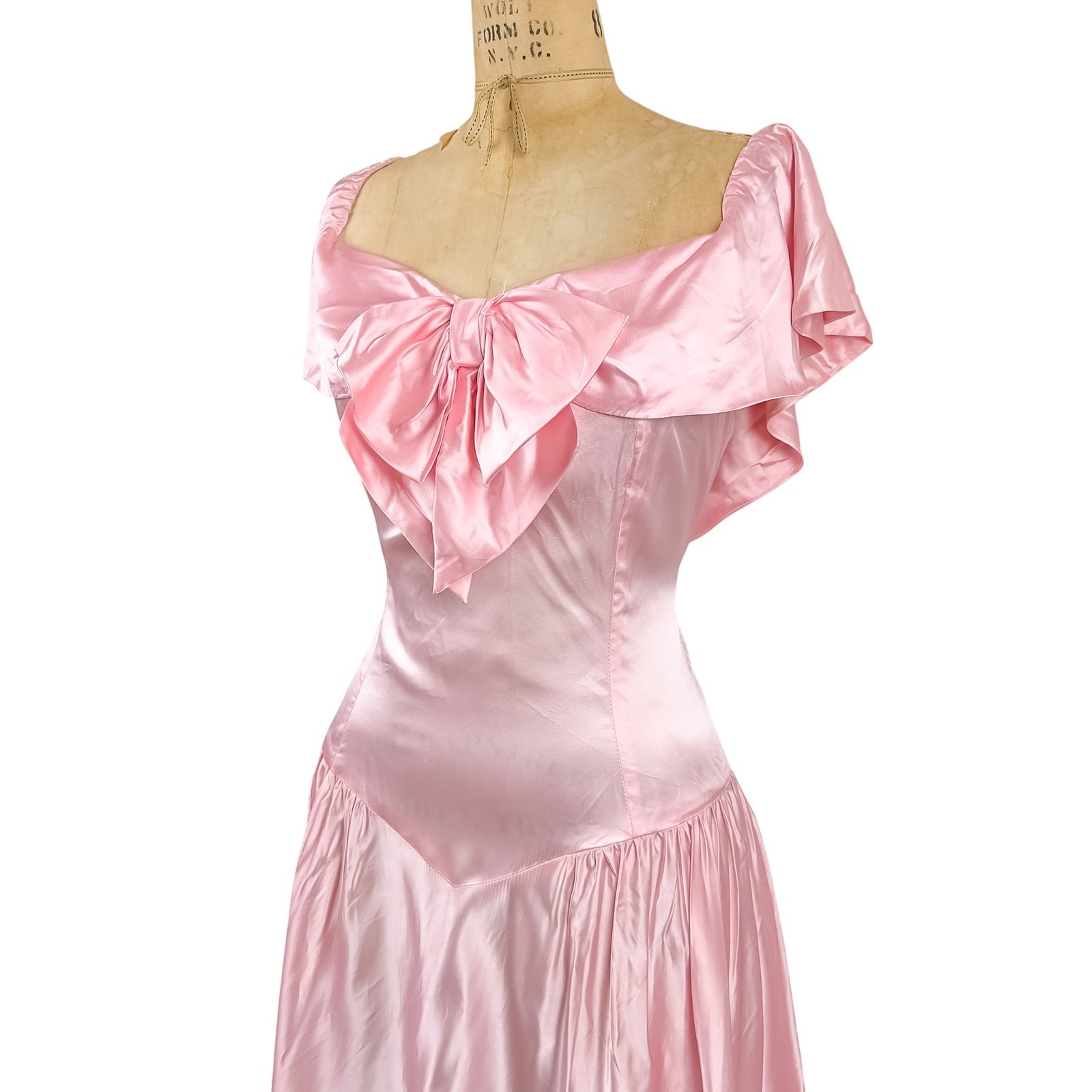 Vintage 80s Satin Pink Formal Ball Gown Princess Bow Hi Low Prom Party Dress